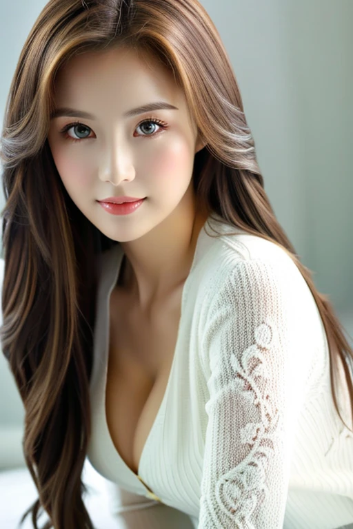 ((highest quality)), ((masterpiece)), (detailed), Sexy pose、whole body、wallpaper、Attention to detail、A kind smile、Serious look、Perfect proportions、Narrow waist、Light brown hair、Beautiful, clear skin、Whitening、Beautiful white skin、Russian Beauty、(masterpiece:1.3), SLR Photo、Best image quality: 1.4, (Rough long hairstyle:1.2)、A soft-looking bust、Cleavage:1.4、loose and light knitwear,