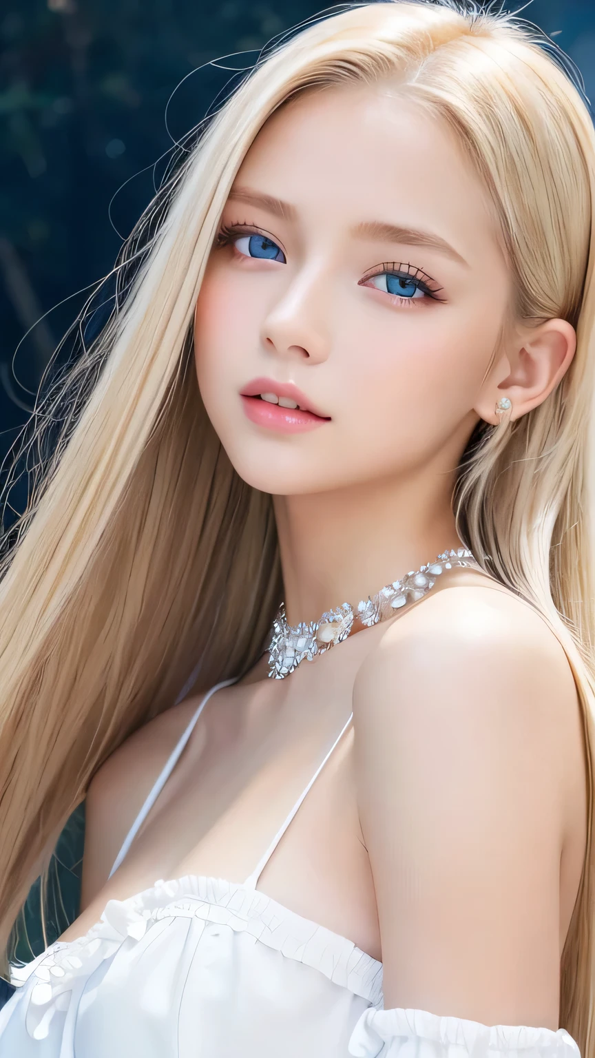 Portrait、、Bright expression、ponytail、Young shiny glossy white glossy skin、Great looks、Blonde reflection、Platinum blonde hair with dazzling highlights、Shiny bright hair,、Smooth, super long, straight hair、Shiny beautiful bangs、Sparkling, crystal clear, attractive big blue eyes、Very beautiful, lovely and cute 16 year old girl、Ample Bust