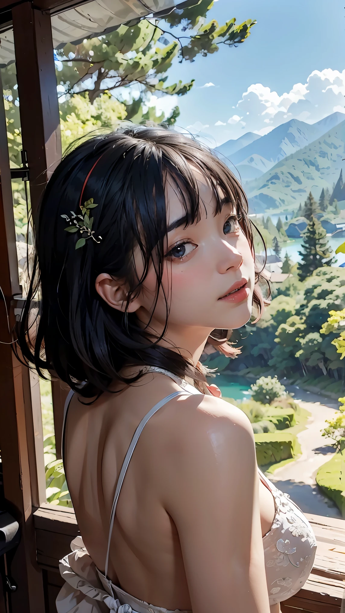 High Resolution, Masterpiece, High Quality, High Definition, Focus on Face of One Young Woman, Human Figure, Overlooking Large Forest from Back, Mountain Landscape, Forest, Nature, River