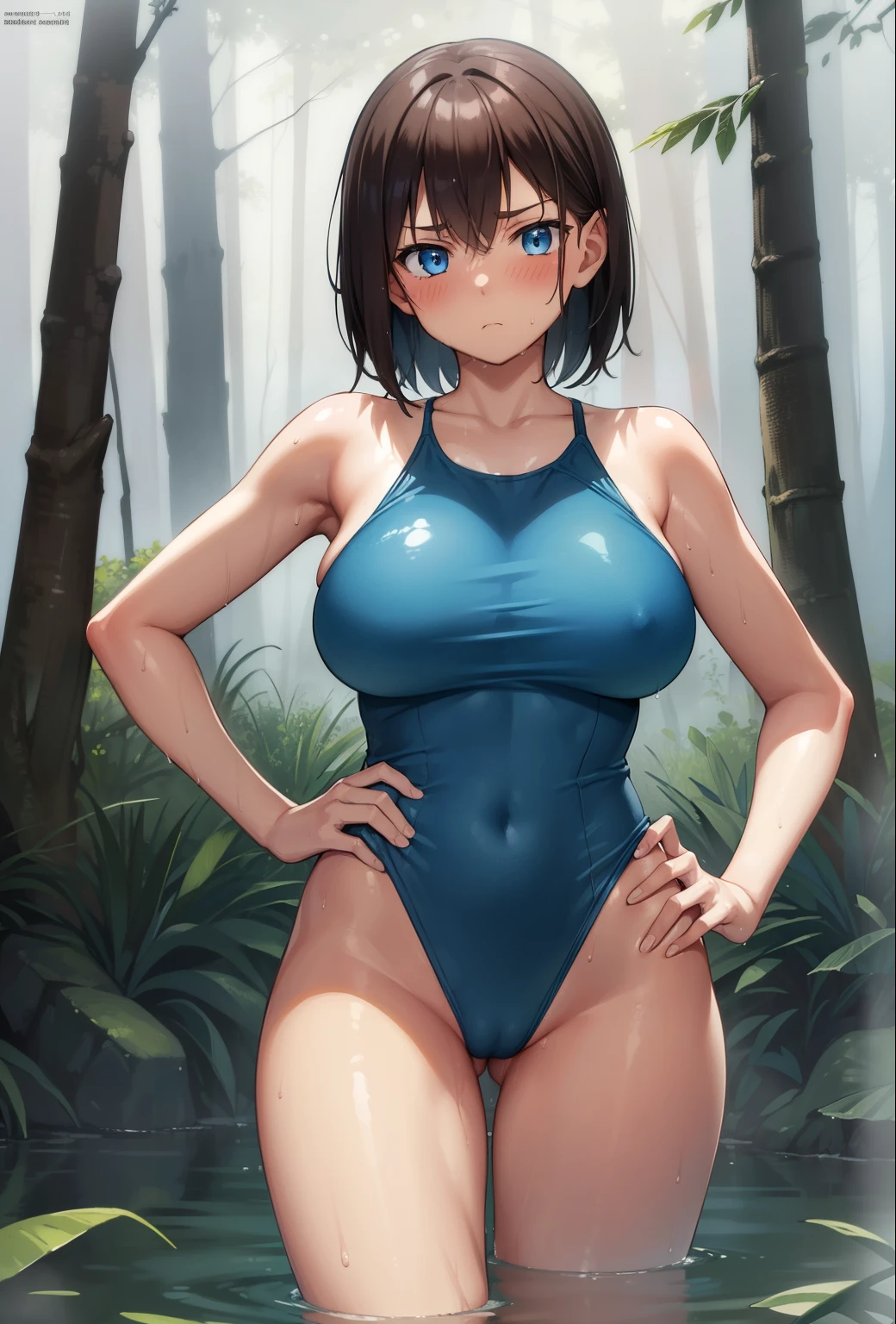 forest,fog,rain,Cloudy,Swim in the Swamp,1 girl,blue eyes,Blue leotard,Super High Leg Cut,blue eyes,Brown Hair,Bob Hair,Big Breasts,Wet,barefoot,bare hands,thin,Are standing,Place your hands on your hips,Embarrassing,Sweat,blush,Serious face,Cowboy Shot,