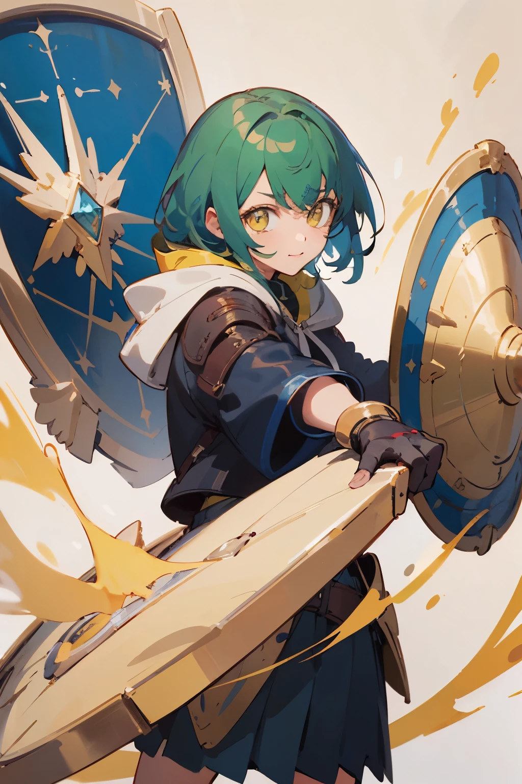 ((highest quality)), ((masterpiece)), 2D Anime Illustration、Yellow-green hair、Medium style hair、Golden Eyes、Wields a great diamond shield、Leather equipment、hoodie、skirt、Girl、Cute face、Never give up、Young face、Hold a shield with both hands、Intelligent