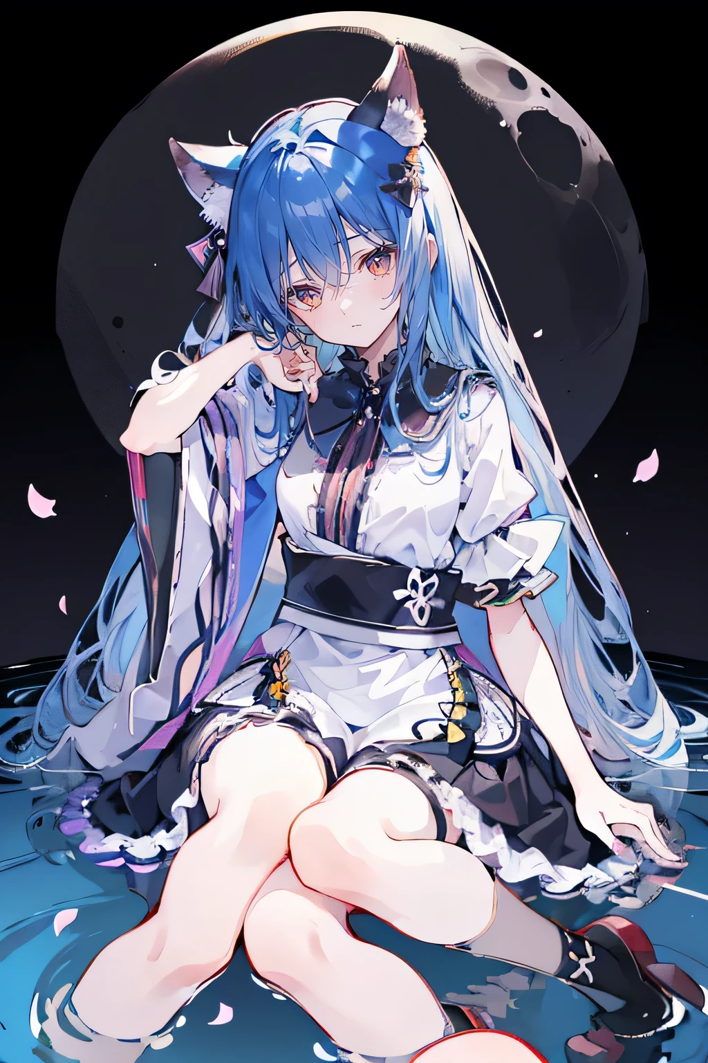 (masterpiece:1.2),Extremely detailed,Practical,expressive eyes,Fair skin,Perfect face shaping,1 Girl,
Japanese cartoons,Gorgeous blue hair, the long flowing blue hair,Floating clothes,Cat ears,Petals fall,beautiful lola,Young Angel,
Place your hands on your waist,sit elegantly on the ground,Cross your legs,Gentle and peaceful background,32k, Perfect body, Lovely , Lovely smile, Lovely dress, long hair, white hair, Black skirt, ((Black butterfly)), ((Black butterfly hair ornament)), ((Black butterfly shaped brooch)), ((Black butterfly dress)), ((Black light particles)), (((Good quality))), ((Black Kimono)), ((Black Japanese clothing)), (((Floor on water))), ((Full Moon)), two legs. 