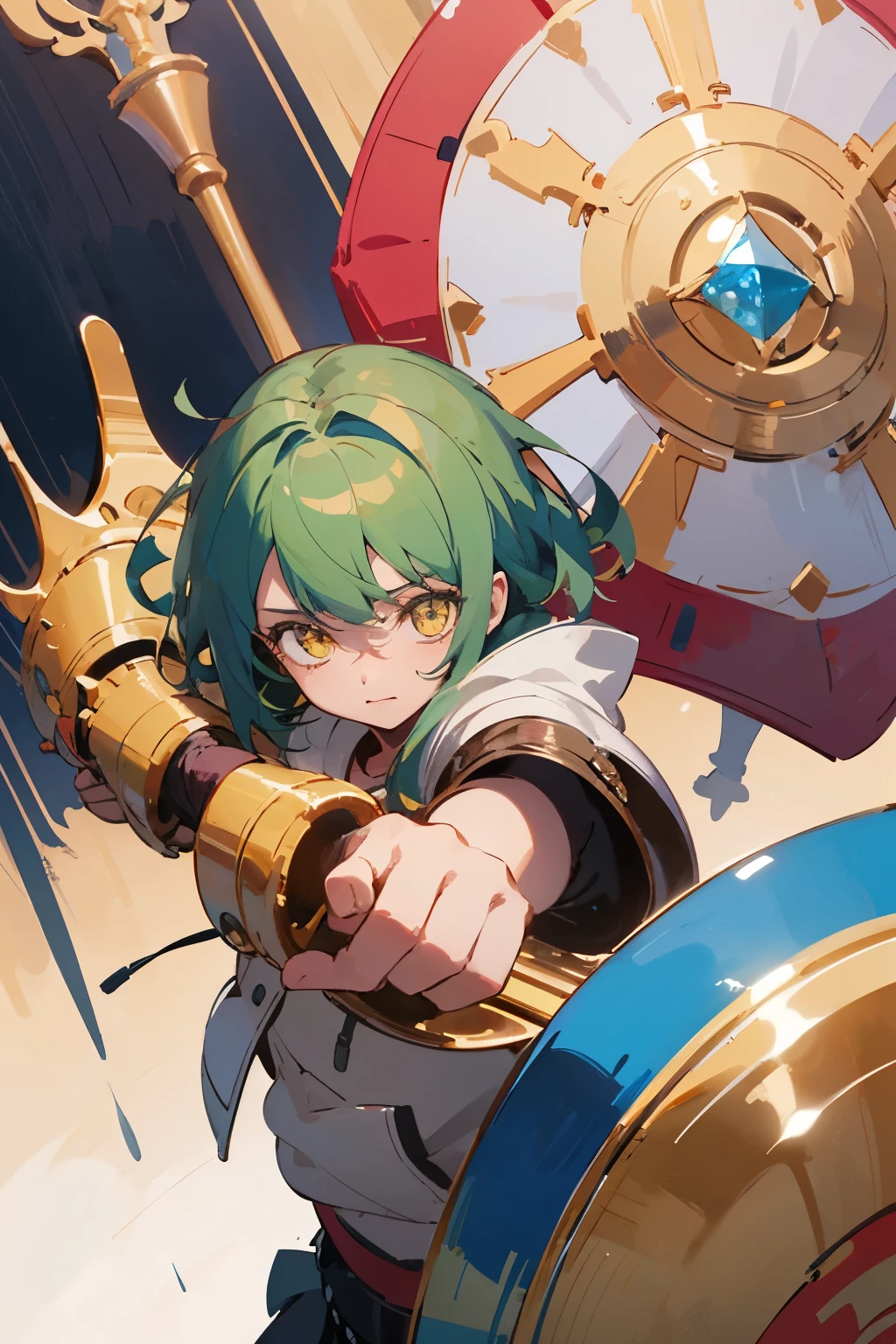 ((highest quality)), ((masterpiece)), 2D Anime Illustration、Yellow-green hair、Medium style hair、Golden Eyes、Wields a great diamond shield、Leather equipment、hoodie、skirt、Girl、Cute face、Never give up、Young face、Hold a shield with both hands、Intelligent