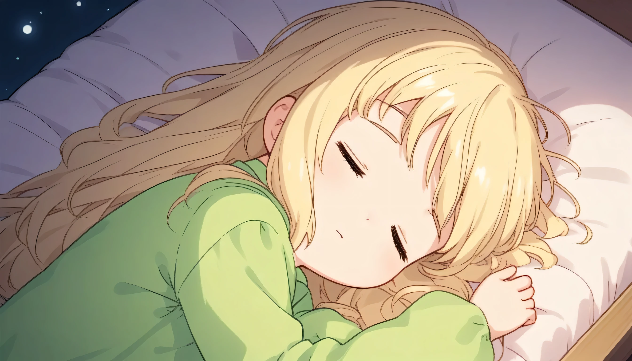 Close-up on a blonde long haired little girl's, sleeping, ((Sleeping)), bed, night, By the window, Closed eyes, Sleepingface, in bedroom, wearing green pajamas, aerial view