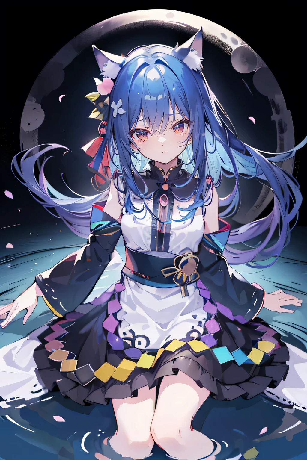 (masterpiece:1.2),Extremely detailed,Practical,expressive eyes,Fair skin,Perfect face shaping,1 Girl,
Japanese cartoons,Gorgeous blue hair, the long flowing blue hair,Floating clothes,Cat ears,Petals fall,beautiful lola,Young Angel,
Place your hands on your waist,sit elegantly on the ground,Cross your legs,Gentle and peaceful background,32k, Perfect body, Lovely , Lovely smile, Lovely dress, long hair, white hair, Black skirt, ((Black butterfly)), ((Black butterfly hair ornament)), ((Black butterfly shaped brooch)), ((Black butterfly dress)), ((Black light particles)), (((Good quality))), ((Black Kimono)), ((Black Japanese clothing)), (((Floor on water))), ((Full Moon)), 