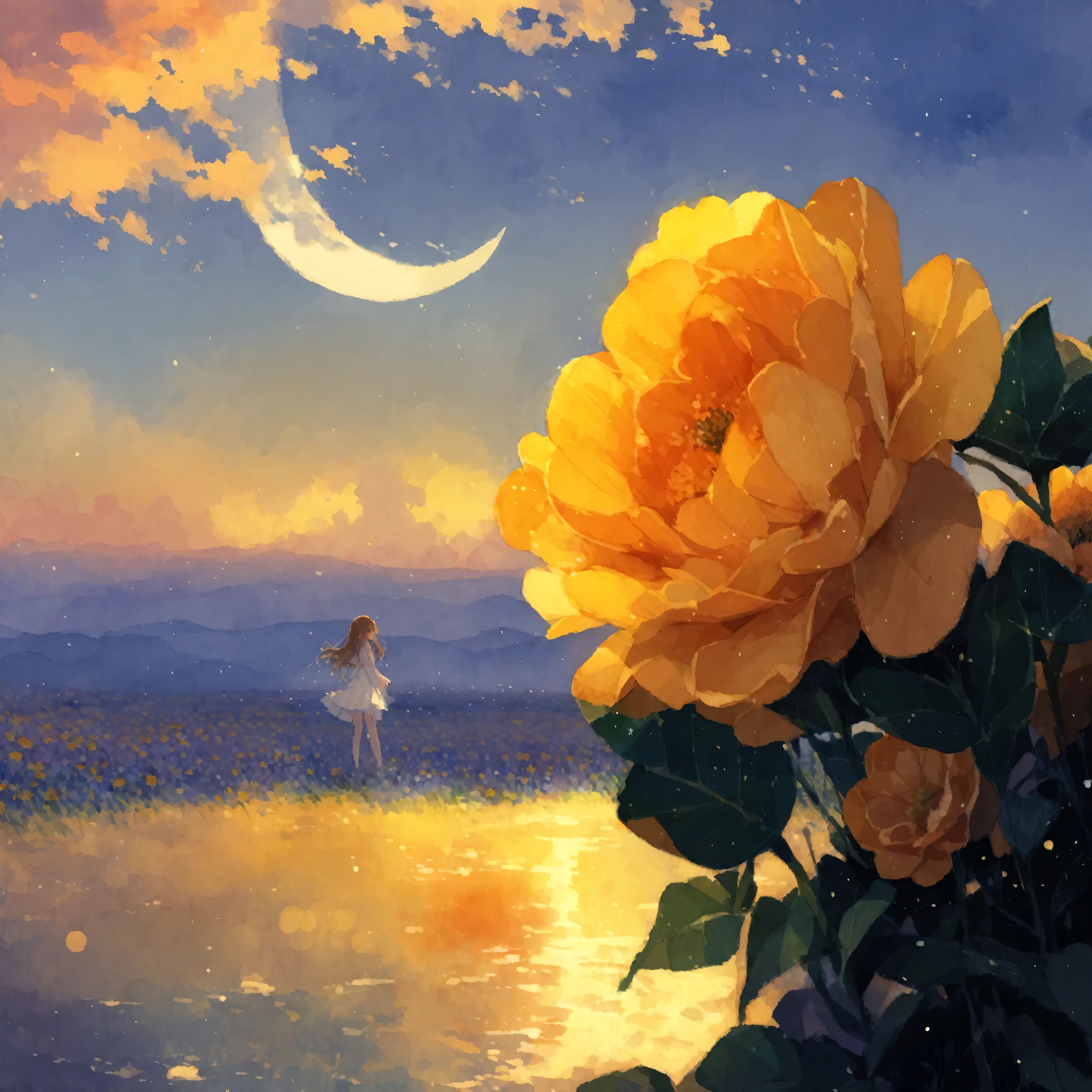 Prompt: 1girl、Brown eyes、Brown Hair、White dress、Wet Hair、Wet clothes、evening、rain、Flower Field、A girl dancing in the rain in a flower field、tegaki, (watercolor painting:1.3), detailed、8K、ultra-detailed、deep shadows、faint light
