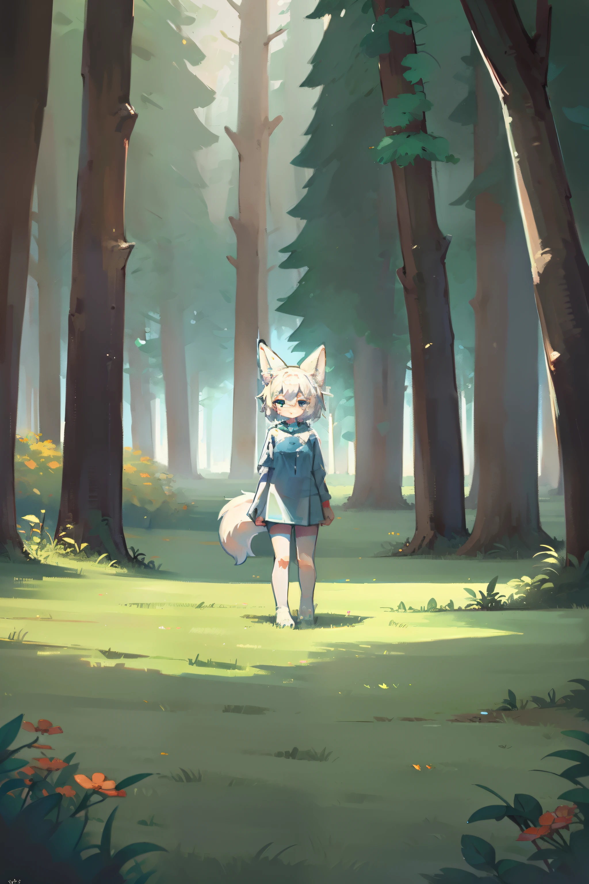 Top quality，best quality，Vector Art，High-quality illustrations，masterpiece）（Common，Furry Human），forest，night，(Girl white humanoid fox:1.2), Frustration，hurt，search，Ultra-detailed illustrations，The only person，Quiet night，Trees，，Complete limbs