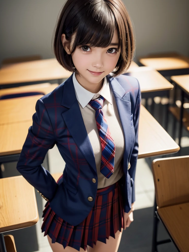 (8k, RAW Photos, highest quality), Stand in the classroom of school, (((((((One woman))))))), ((Brown Hair)), ((Short Bob Hair)), ((Detailed eyes)), ((smile)), ((Red tie)), (((Dark blue closed blazer))), (((A blue plaid pleated miniskirt that wraps around the hips))), Asymmetrical bangs, 少しのsmile, Thighs, knees, Random pose，pretty girl，Slender girl