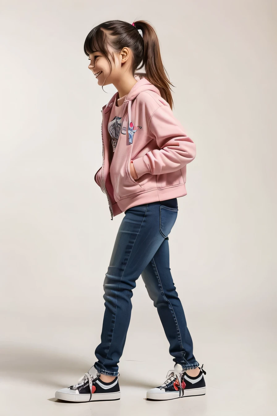 Wearing jeans、Holding a skateboard、Congressman walking on a white background, (1５Year old girl：1.66) ，（Black Hair，（Flat Chest：1.37），（smile：1.37）, （White sneakers）Profile portrait of a girl walking, Full body cute young woman, Side view of her taking a step, Standing girl, Cute Girl's, Go right, Full body image, Profile portrait