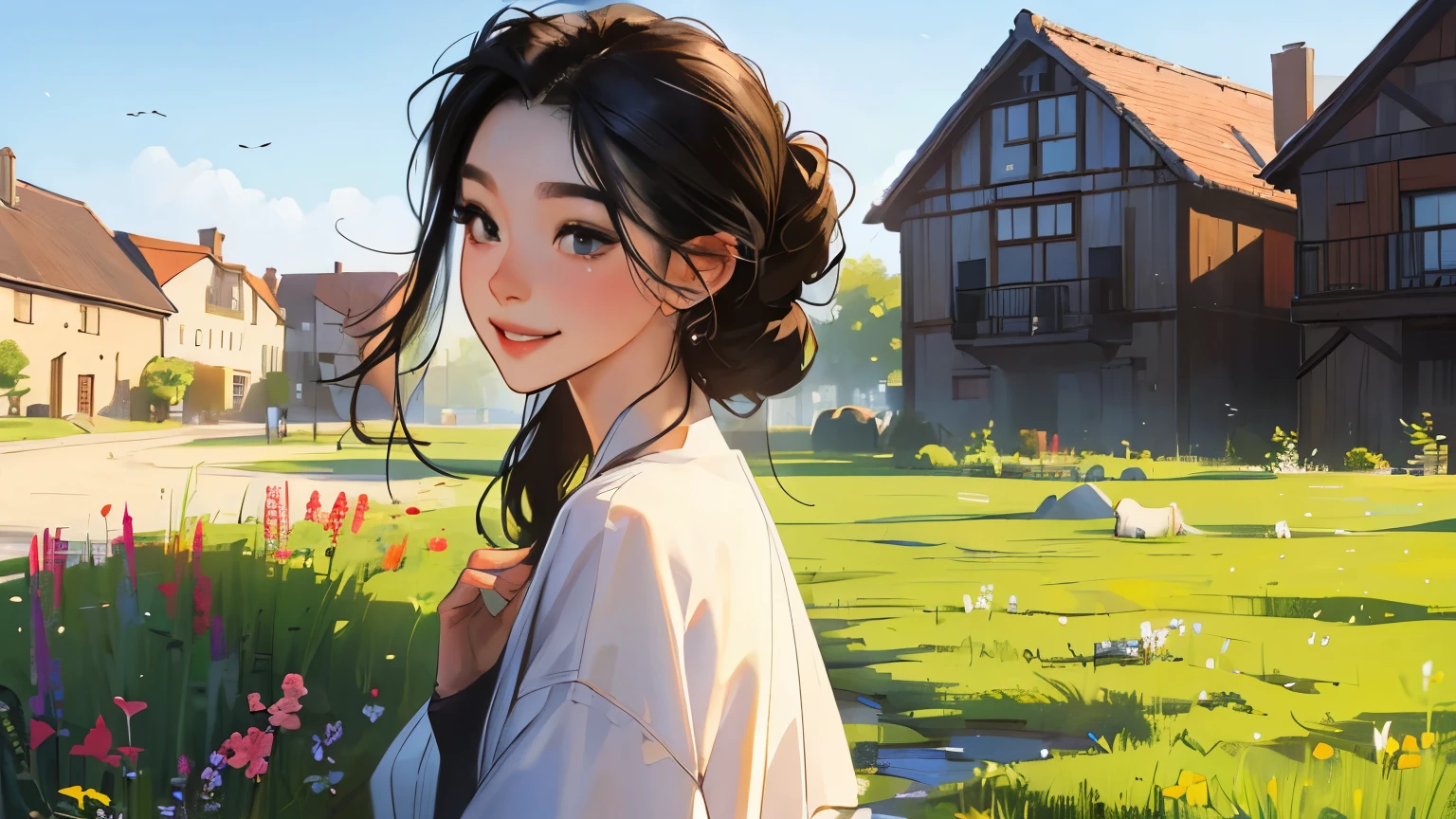 (masterpiece)),(((bestquality))),((ultra-detailed)) realisticlying, 1 girl, Beautiful, black hair, hair tied, happy, morning, outdoor, village