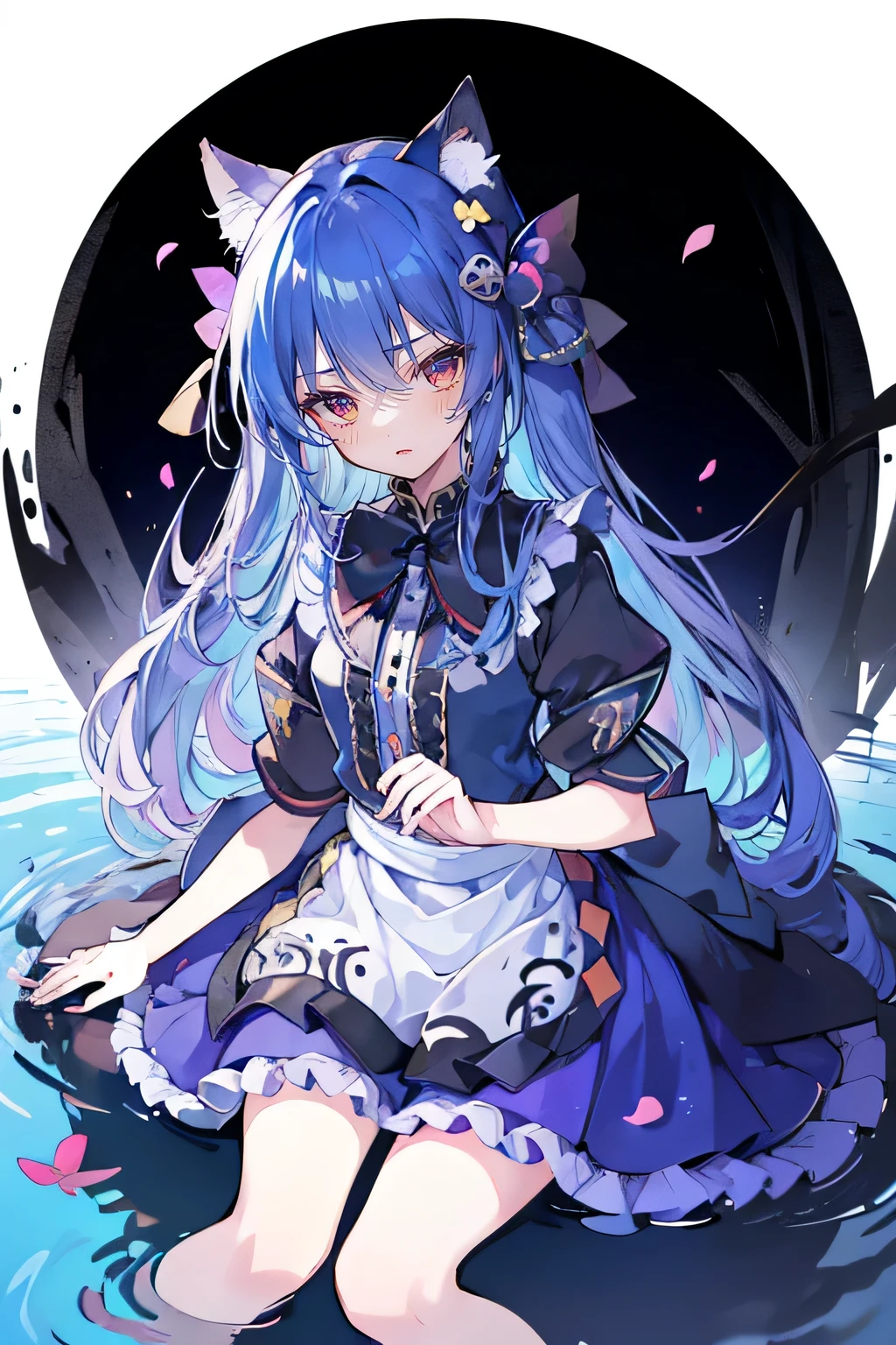 (masterpiece:1.2),Extremely detailed,Practical,expressive eyes,Fair skin,Perfect face shaping,1 Girl,
Japanese cartoons,Gorgeous blue hair, the long flowing blue hair,Floating clothes,Cat ears,Petals fall,beautiful lola,Young Angel,
Place your hands on your waist,sit elegantly on the ground,Cross your legs,Gentle and peaceful background,32k, Perfect body, Lovely , Lovely smile, Lovely dress, long hair, white hair, Black skirt, ((Black butterfly)), ((Black butterfly hair ornament)), ((Black butterfly shaped brooch)), ((Black butterfly dress)), ((Black light particles)), (((Good quality))), ((Black Kimono)), ((Black Japanese clothing)), (((Floor on water))), ((Full Moon)),
