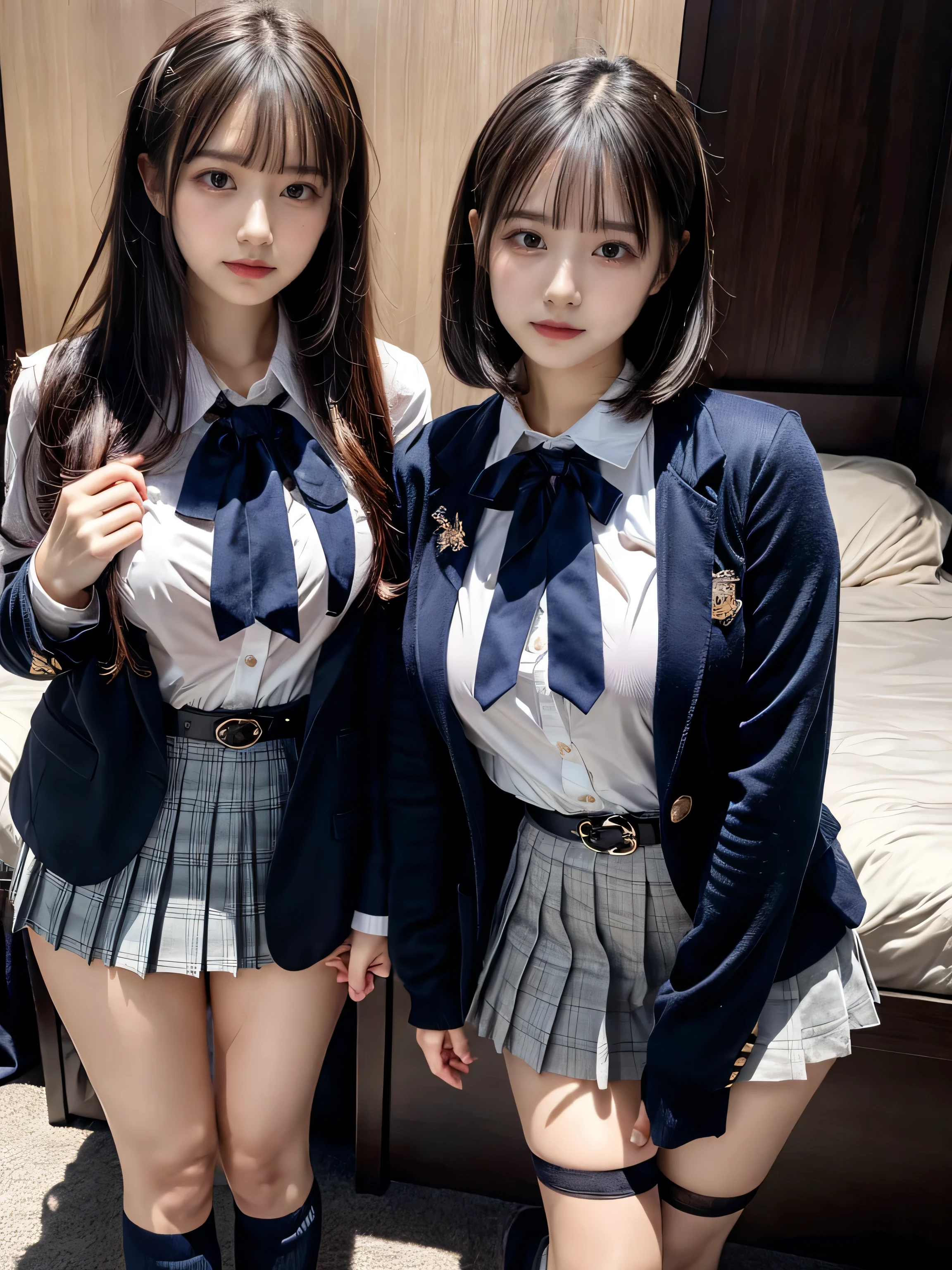 (8K, Raw photography, top-quality, masterpiece:1.2), muster piece, best quality, illustration, Super detailed, fine details, High resolution, 8K,wall paper, perfect dynamic composition,(Details High quality, realistic depiction of eyes:1.3), ((2 girls, 2 girls)), The background is a luxury hotel room、High school girl uniform、blazer 、Super Short Check Uniform Skirt、Navy blue high socks、garterbelts、Colossal tits、Disturbed uniform, Play with each other,Touching each other's bodies,Touching the body of the girl next door, short bob hair, black hair color, huge breasts, Big Natural Color Lip, bold sexy pose, (perfect body shape), crying a little、cold gaze, Beautiful makeup,glitter makeup,Cutest 18 years old、 beautiful legs, hposing Gravure Idol, Voluptuous thighs