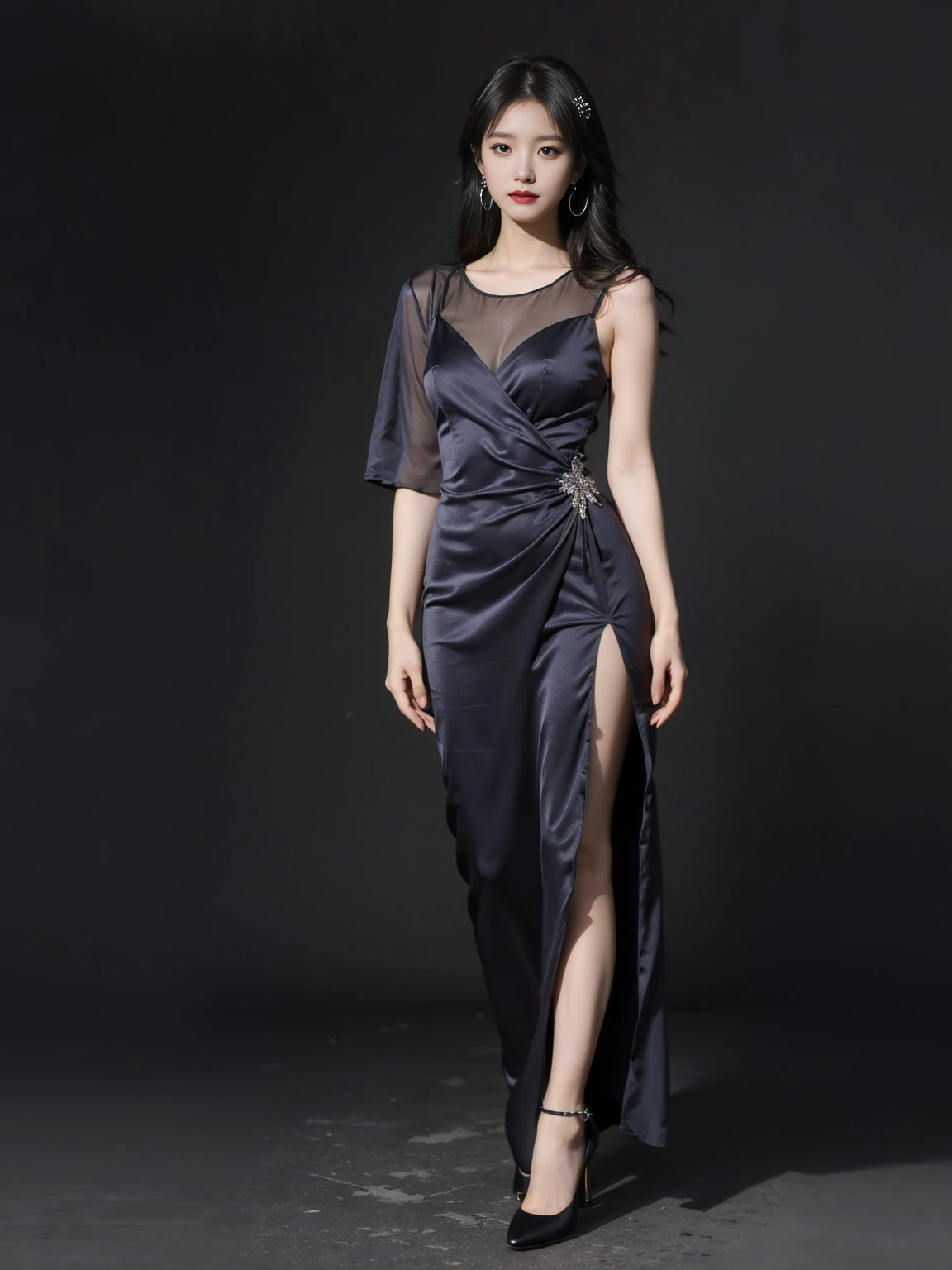 Dark purple dress with black high heels，Mysterious and noble。Exaggerated earrings，Show your personality。