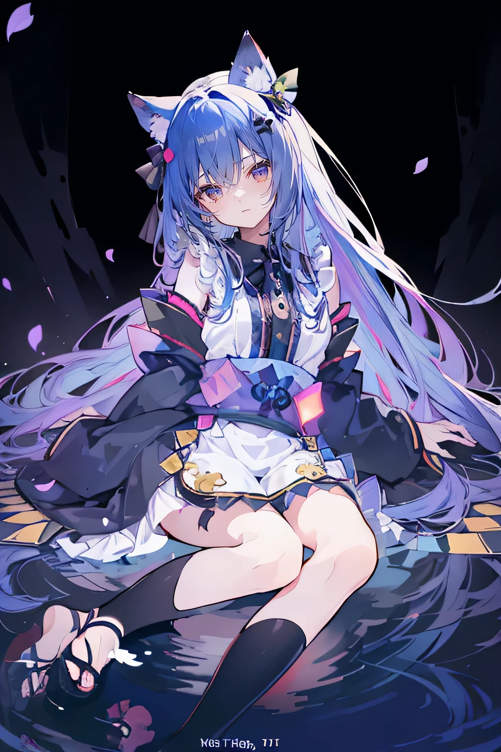 (masterpiece:1.2),Extremely detailed,Practical,expressive eyes,Fair skin,Perfect face shaping,1 Girl,
Japanese cartoons,Gorgeous blue hair, the long flowing blue hair,Floating clothes,Cat ears,Petals fall,beautiful lola,Young Angel,
Place your hands on your waist,sit elegantly on the ground,Cross your legs,Gentle and peaceful background,32k, Perfect body, Lovely , Lovely smile, Lovely dress, long hair, white hair, Black skirt, ((Black butterfly)), ((Black butterfly hair ornament)), ((Black butterfly shaped brooch)), ((Black butterfly dress)), ((Black light particles)), (((Good quality))), ((Black Kimono)), ((Black Japanese clothing)), (((Floor on water))), ((Full Moon)),