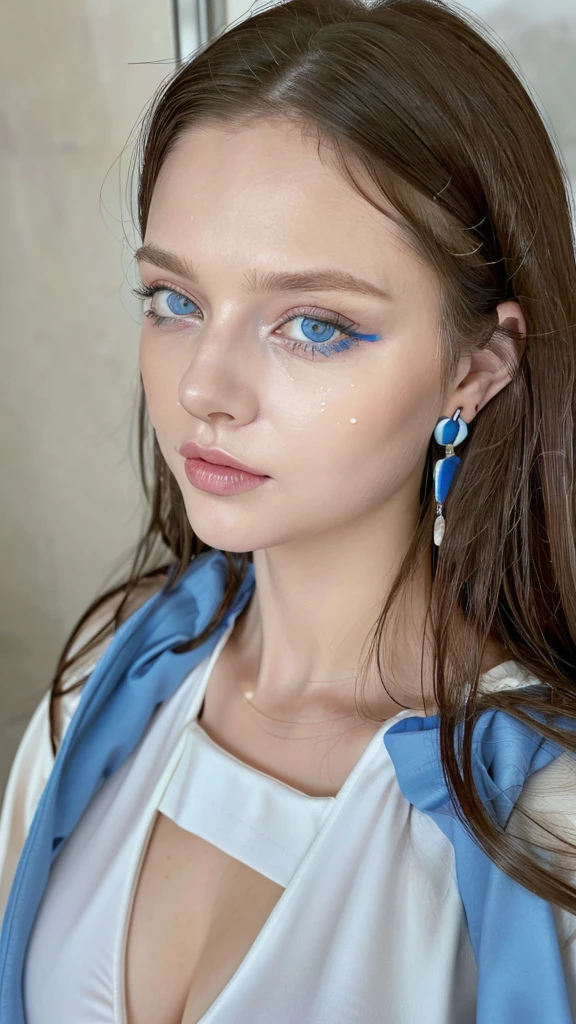 1 beautiful beautiful woman - Scandinavian European appearance (looks like the most beautiful Swedish girl), ((top quality, 8K, Masterpiece:1.retty woman, 1 woman, average breasts:1.3, a slim body:1.1, lush WHITE NIVEOUS long hair, (shower, wet body, wet clothes:1.1), very detailed face, detailed lips, detailed eyes, double eyelids, Detailed blue eyes, Detailed Outstanding Blue Eyes, WHITE NIVEOUS, huge fantastically looking drop earrings