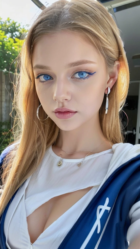 1 beautiful beautiful woman - Scandinavian European appearance (looks like the most beautiful Swedish girl), ((top quality, 8K, Masterpiece:1.retty woman, 1 woman, average breasts:1.3, a slim body:1.1, lush WHITE NIVEOUS long hair, (shower, wet body, wet clothes:1.1), very detailed face, detailed lips, detailed eyes, double eyelids, Detailed blue eyes, Detailed Outstanding Blue Eyes, WHITE NIVEOUS, huge fantastically looking drop earrings