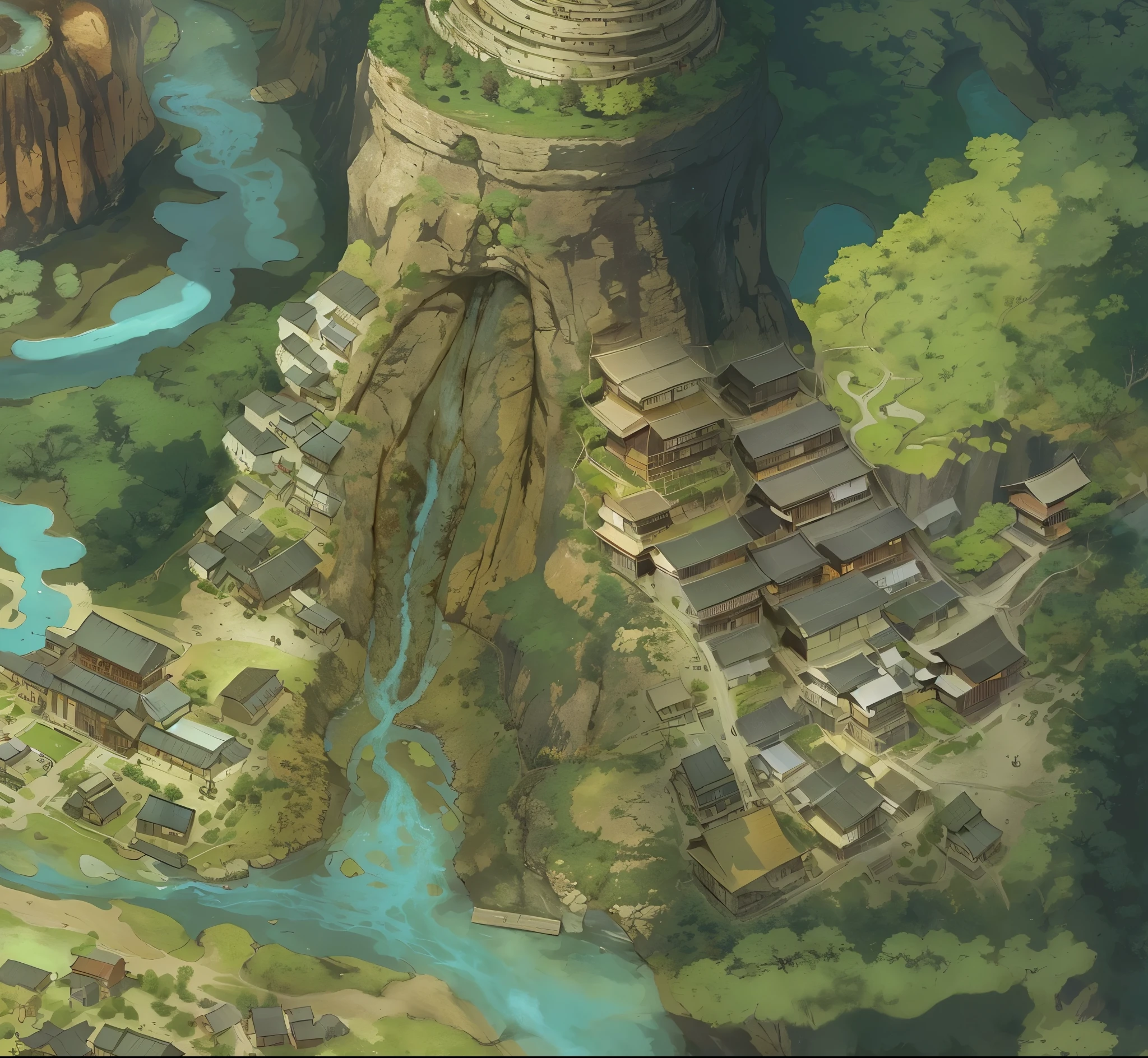 small japanese houses on the skirt of a mountain