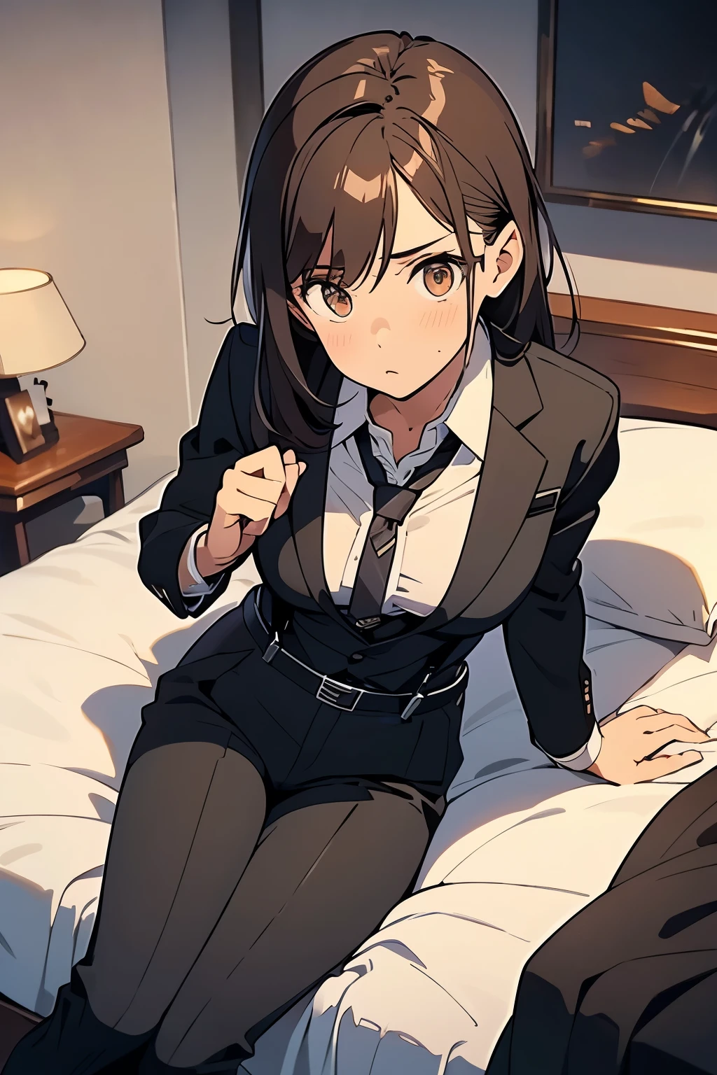 
Brown Hair、Staring at the audience　　　Black suspenders　　　bulging big breasts　　 　 　　　wall: 　Black trousers　　　　　sight　　　Small face　 　　　holster　　　Beautiful woman　　Show your hand　　 Lying in bed　　sight 　　Taunt　side　side汗 　arm　Dress shirt　Black Suit　suit　belt