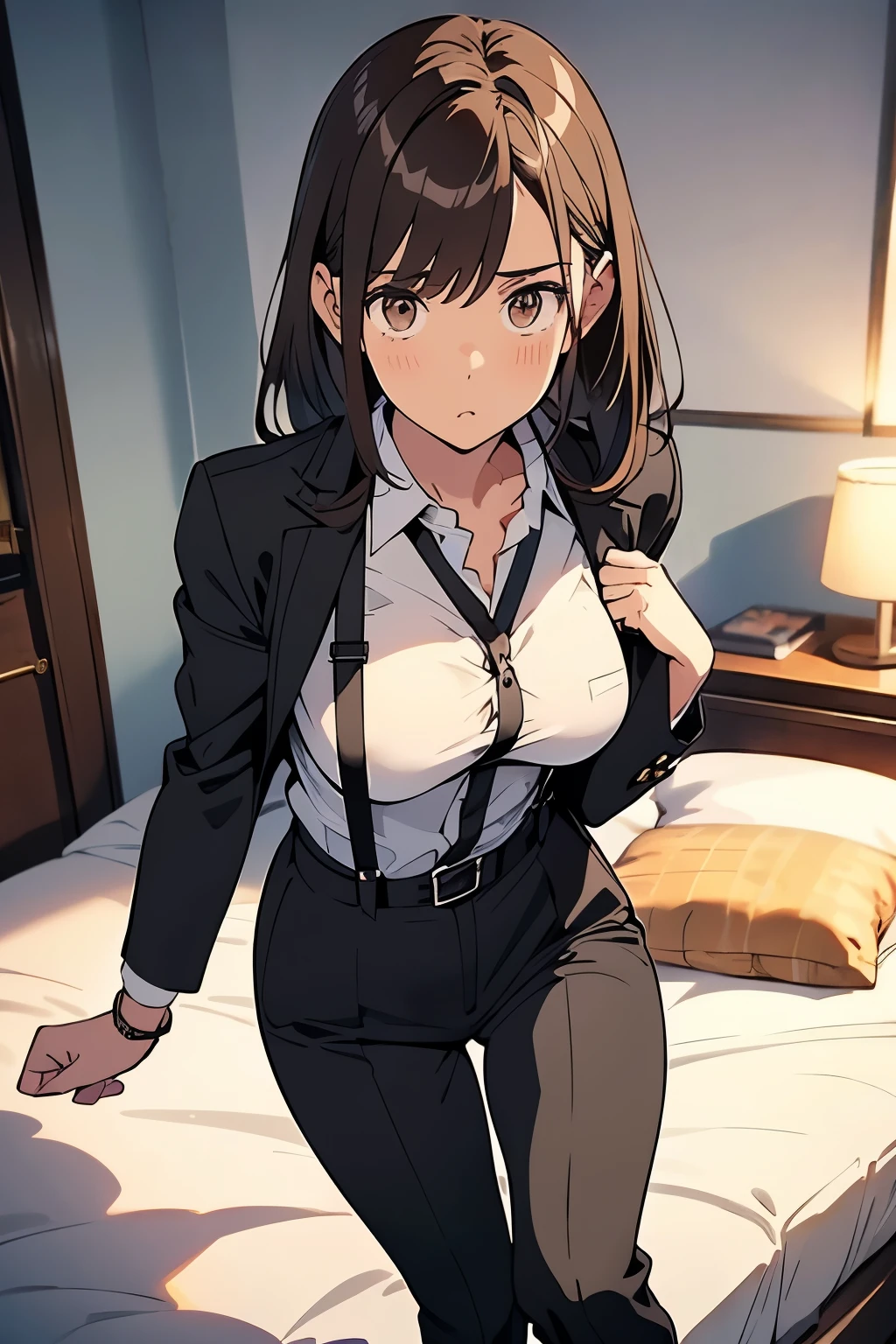 
Brown Hair、Staring at the audience　　　Black suspenders　　　bulging big breasts　　 　 　　　wall: 　Black trousers　　　　　sight　　　Small face　 　　　holster　　　Beautiful woman　　Show your hand　　 Lying in bed　　sight 　　Taunt　side　side汗 　arm　Dress shirt　Black Suit　suit　belt