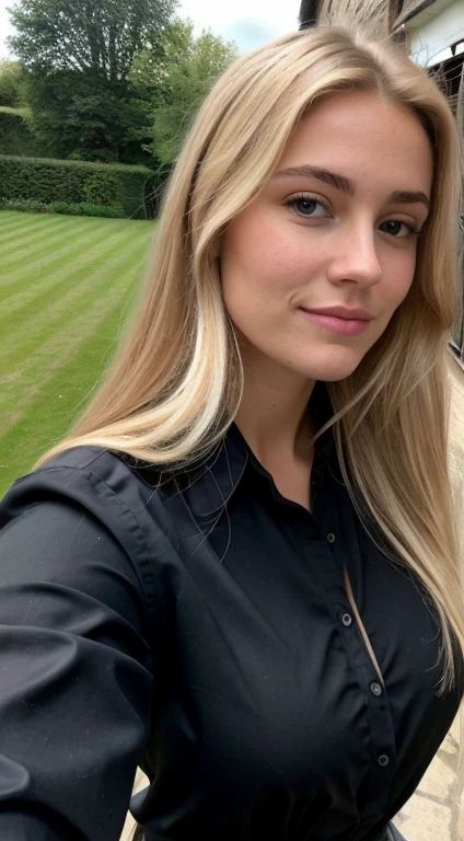 Une femme blonde de 23 ans, ((gros seins)), ((Hyperréalisme)) ,. blonde hair with light brown roots. cheveux blond, Cheveux aux racines brunes, very long hair, very long hair, very long hair, beau, vue de face, selfie, photo prise avec iPhone, elegant black shirt with escote, Coupe-bas, selfie dans le jardin, High quality, selfie iPhone, clivage, montrant le calcul de l'immobilier d'investissement, look professionnel, in nightclubs