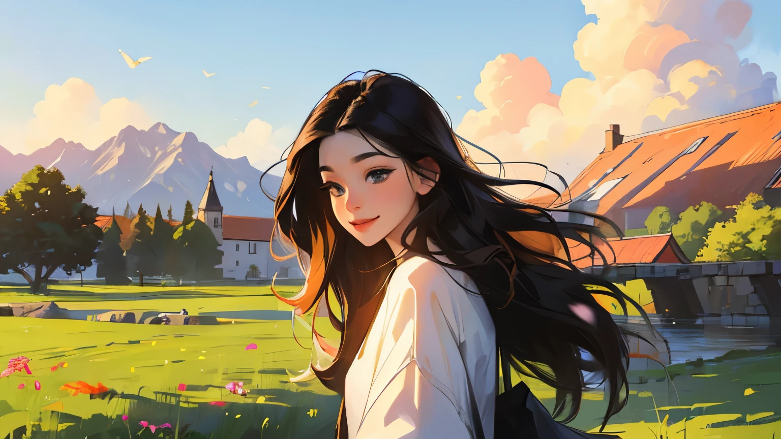 (masterpiece)),(((bestquality))),((ultra-detailed)) realisticlying, 1 girl, Beautiful, black hair, happy, morning, outdoor, village
