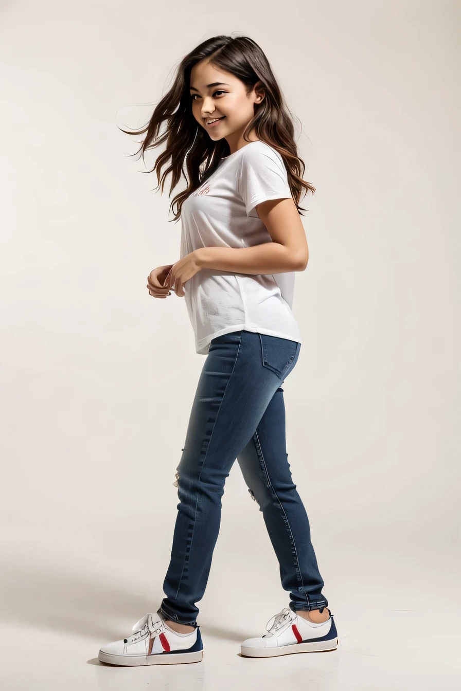 Wearing jeans、Holding a skateboard、Congressman walking on a white background, (1５Year old girl：1.66) ，（Black Hair，（Flat Chest：1.37），（smile：1.37）, （White sneakers）Profile portrait of a girl walking, Full body cute young woman, Side view of her taking a step, Standing girl, Cute Girl's, Go right, Full body image, looking at the camera