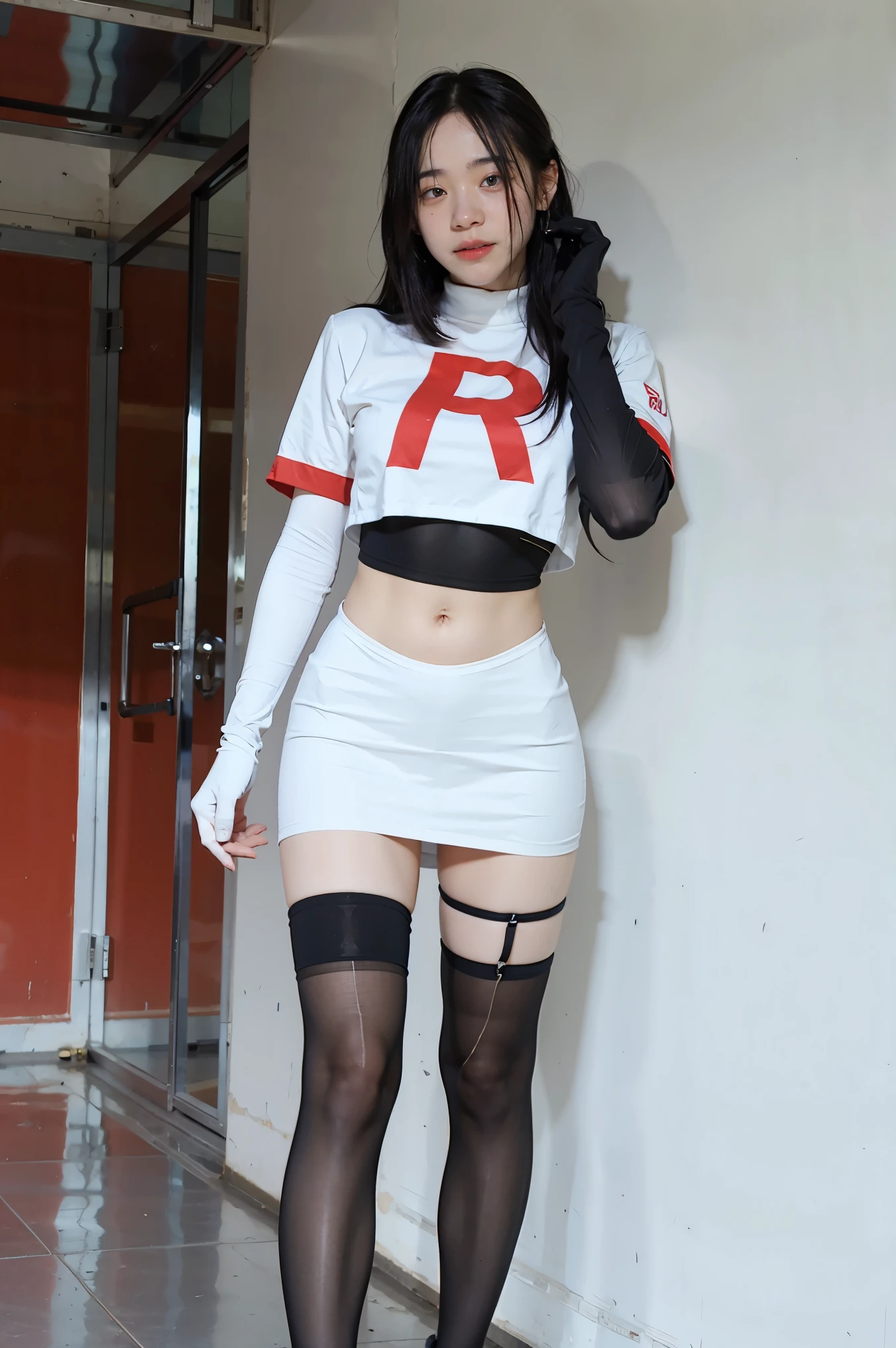brandygordon, team rocket,team rocket uniform, red letter R, white skirt,white crop top,black thigh-highs, black elbow gloves,