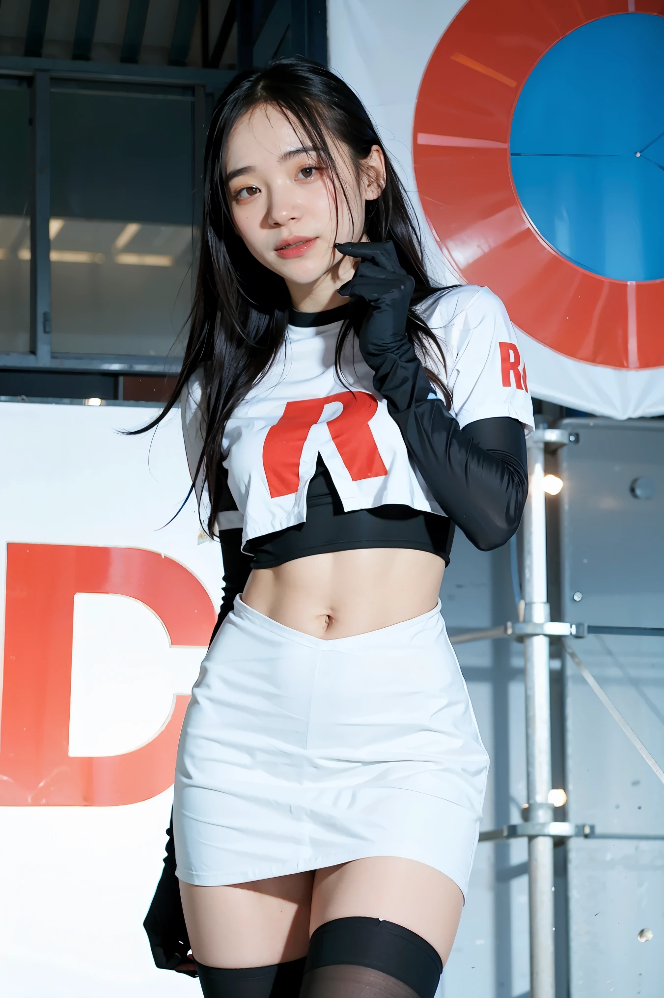 brandygordon, team rocket,team rocket uniform, red letter R, white skirt,white crop top,black thigh-highs, black elbow gloves,