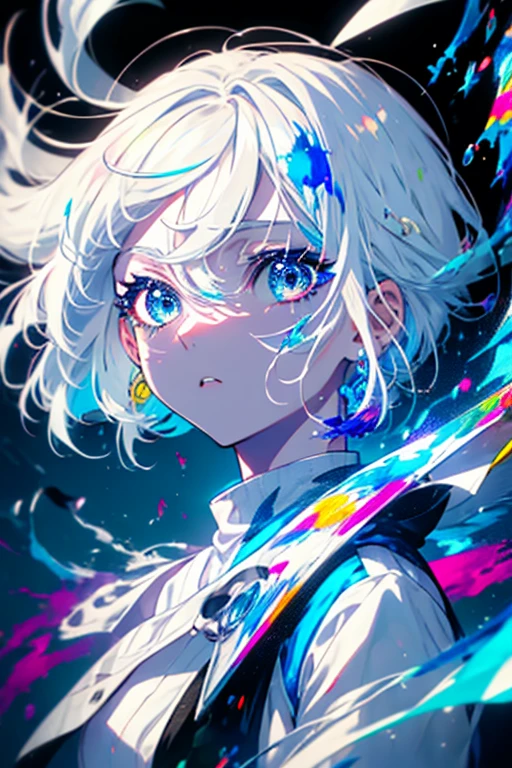 1girl,solo,cool,white hair,colorful,paint,upper body focus,perfect face,face is dirty for painting,brilliant eye,shining eye,vivid eye,colorful eye,glorious,blue flame