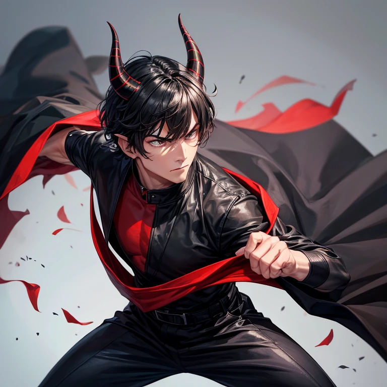 A man in black karate uniform wearing it like a cape and have horns like devil