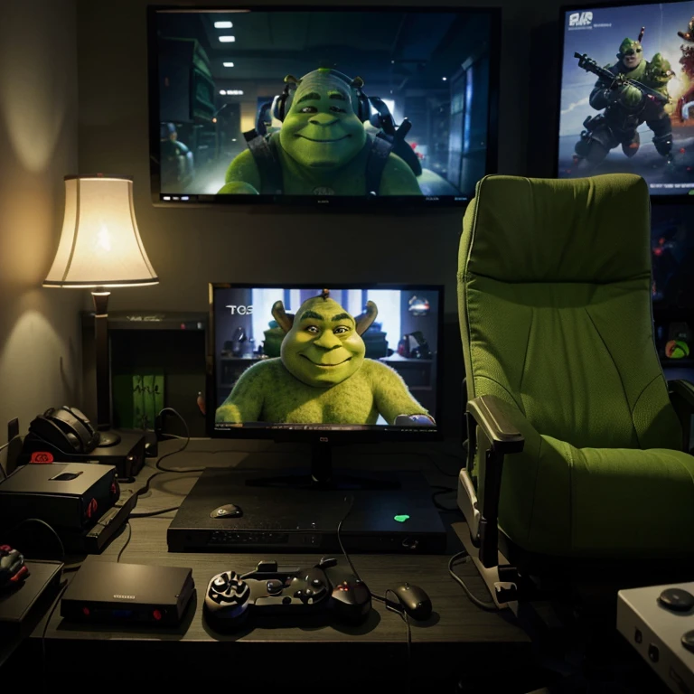 Shrek wearing a gaming headphone with gaming setup in the background, and full gaming set up in room 