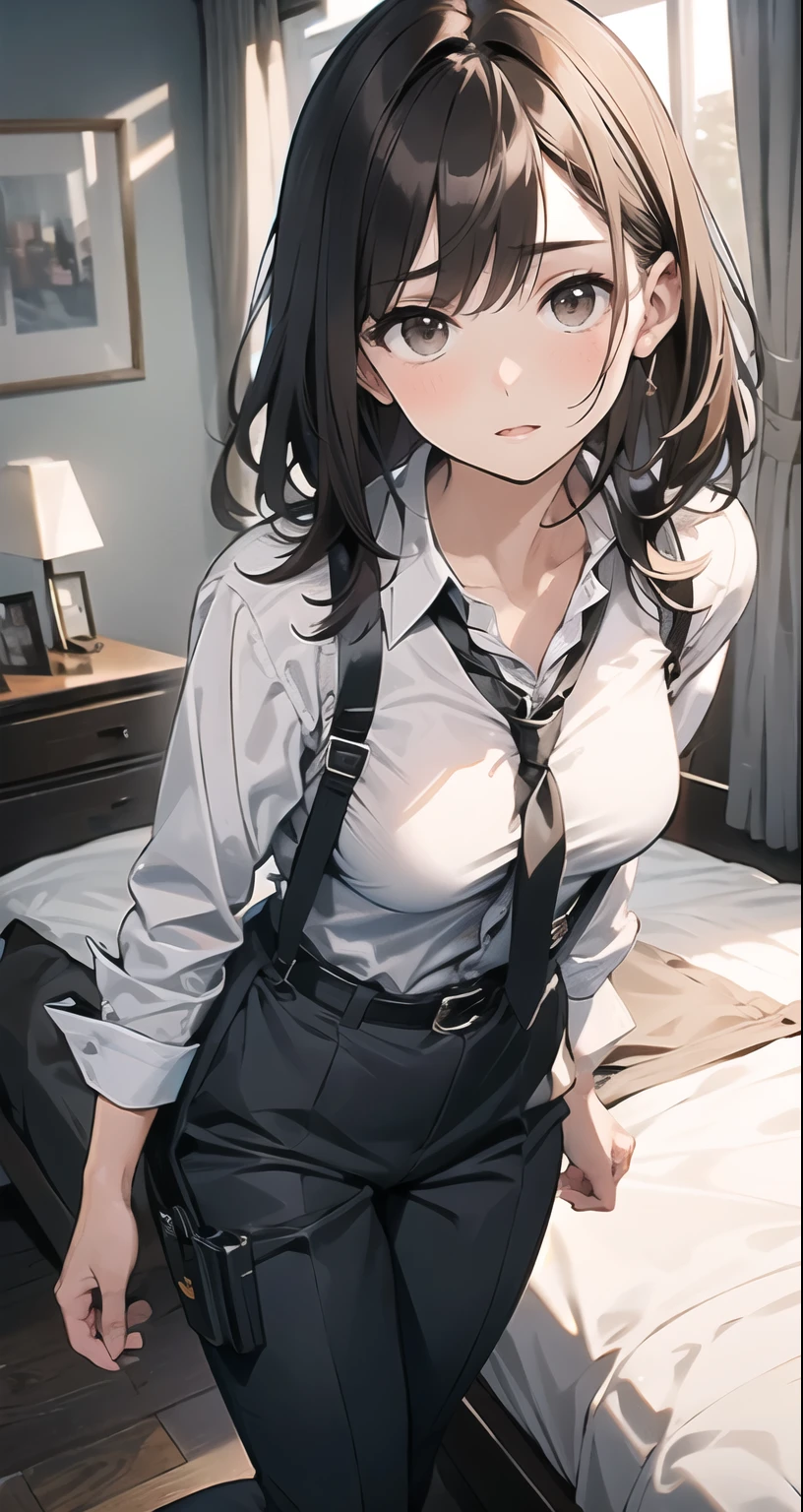 Brown Hair、Staring at the audience Black suspenders bulging big breasts wall: Black trousers sight Small face holster Beautiful woman Show your hand Lying in bed sight Taunt side side汗 arm Dress shirt Black Suit suit belt