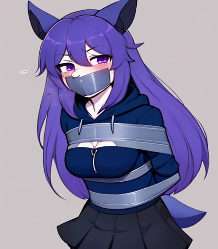 1girl, tape bondage, gagged, looking at viewer, squinting, blushing, full body tape, bat, blue fur, long hair, purple eyes, blue hoodie, black skirt, blue face, medium breasts, white accents,