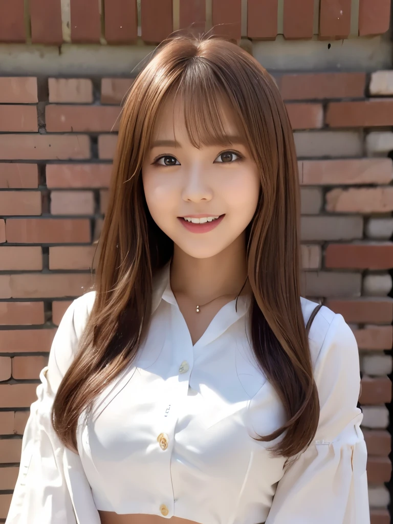 A beautiful Japanese shy girl, age 18 years old, short brown hair, brown big eyes, shiny lip, shiny hair, ecstatic expression, wearing half sleeve front button white blouse with brown plated mini skirt, The background is very blurry, in front of brick wall, wearing neckless,