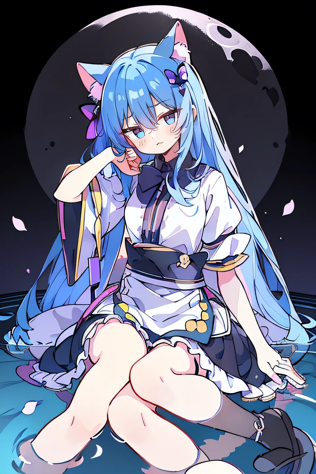 (masterpiece:1.2),Extremely detailed,Practical,expressive eyes,Fair skin,Perfect face shaping,1 Girl,
Japanese cartoons,Gorgeous blue hair, the long flowing blue hair,Floating clothes,Cat ears,Petals fall,beautiful lola,Young Angel,
Place your hands on your waist,sit elegantly on the ground,Cross your legs,Gentle and peaceful background,32k, Perfect body, Lovely , Lovely smile, Lovely dress, long hair, white hair, Black skirt, ((Black butterfly)), ((Black butterfly hair ornament)), ((Black butterfly shaped brooch)), ((Black butterfly dress)), ((Black light particles)), (((Good quality))), ((Black Kimono)), ((Black Japanese clothing)), (((Floor on water))), ((Full Moon)), two legs.