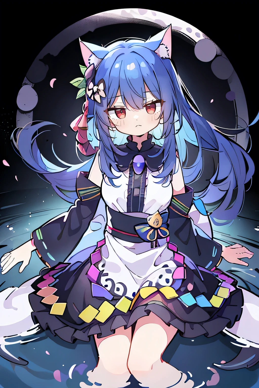 (masterpiece:1.2),Extremely detailed,Practical,expressive eyes,Fair skin,Perfect face shaping,1 Girl,
Japanese cartoons,Gorgeous blue hair, the long flowing blue hair,Floating clothes,Cat ears,Petals fall,beautiful lola,Young Angel,
Place your hands on your waist,sit elegantly on the ground,Cross your legs,Gentle and peaceful background,32k, Perfect body, Lovely , Lovely smile, Lovely dress, long hair, white hair, Black skirt, ((Black butterfly)), ((Black butterfly hair ornament)), ((Black butterfly shaped brooch)), ((Black butterfly dress)), ((Black light particles)), (((Good quality))), ((Black Kimono)), ((Black Japanese clothing)), (((Floor on water))), ((Full Moon)),