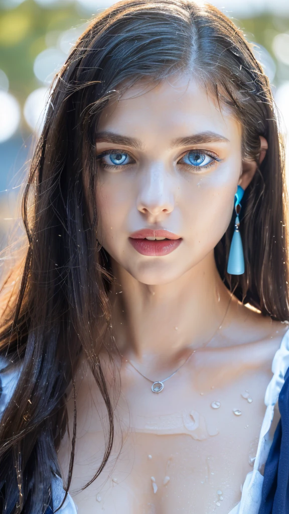 1 beautiful beautiful woman - Scandinavian European appearance (looks like the most beautiful Swedish girl), ((top quality, 8K, Masterpiece:1.retty woman, 1 woman, average breasts:1.3, a slim body:1.1, lush WHITE NIVEOUS long hair, (shower, wet body, wet clothes:1.1), very detailed face, detailed lips, detailed eyes, double eyelids, Detailed blue eyes, Detailed Outstanding Blue Eyes, WHITE NIVEOUS, huge fantastically looking drop earrings