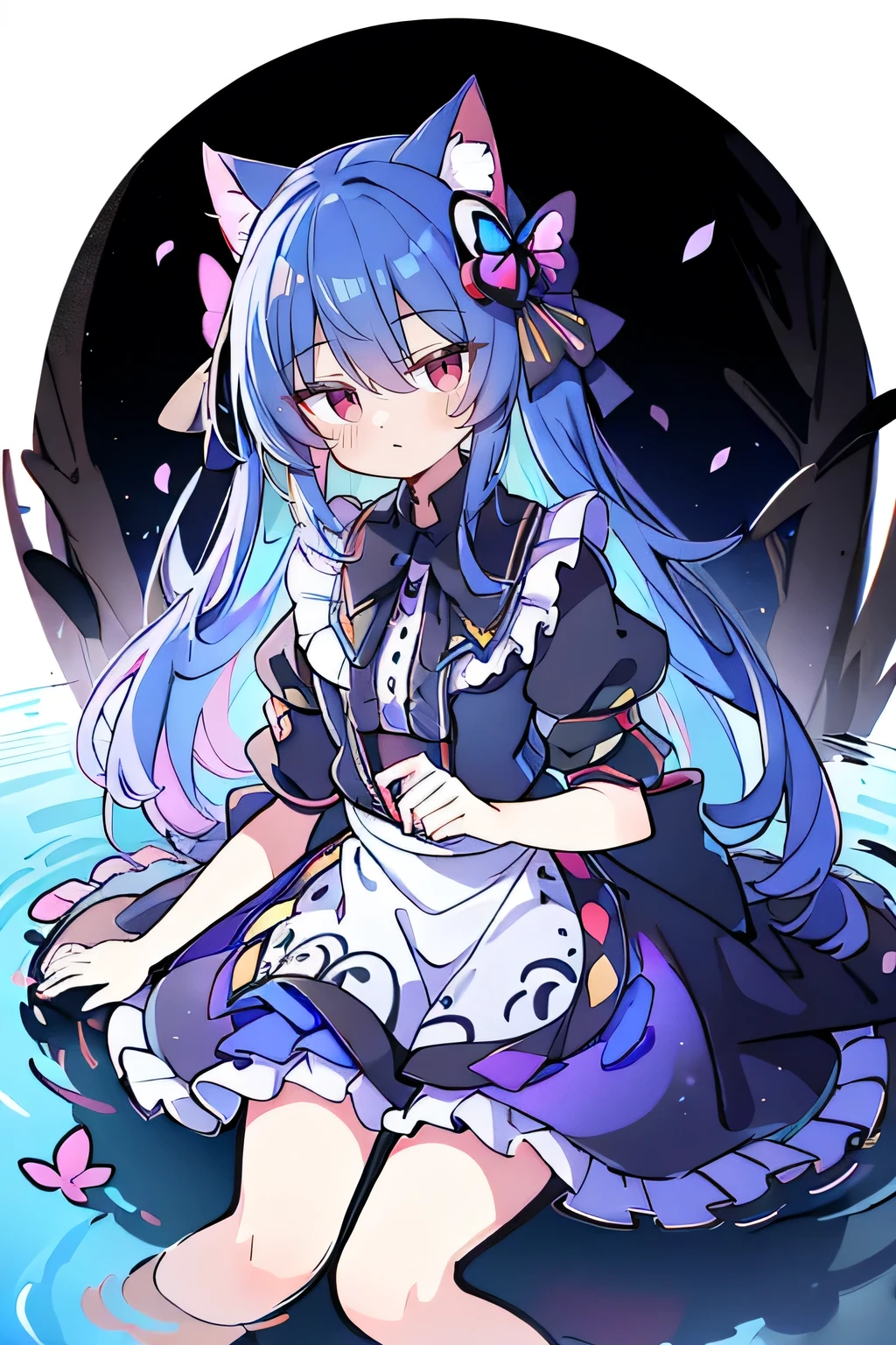 (masterpiece:1.2),Extremely detailed,Practical,expressive eyes,Fair skin,Perfect face shaping,1 Girl,
Japanese cartoons,Gorgeous blue hair, the long flowing blue hair,Floating clothes,Cat ears,Petals fall,beautiful lola,Young Angel,
Place your hands on your waist,sit elegantly on the ground,Cross your legs,Gentle and peaceful background,32k, Perfect body, Lovely , Lovely smile, Lovely dress, long hair, white hair, Black skirt, ((Black butterfly)), ((Black butterfly hair ornament)), ((Black butterfly shaped brooch)), ((Black butterfly dress)), ((Black light particles)), (((Good quality))), ((Black Kimono)), ((Black Japanese clothing)), (((Floor on water))), ((Full Moon)),