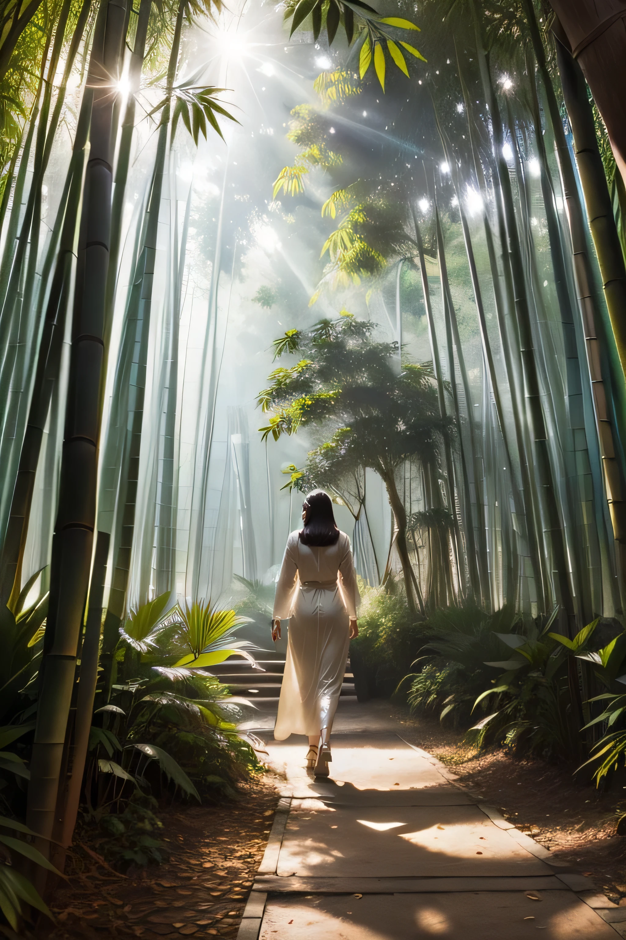 A beautiful woman is walking through a bamboo forest, Bask in the warm sunlight filtering through a canopy of tall bamboo leaves. The sunlight reflected dappled patterns on her white skin.。 A woman's long golden curly hair cascading down her shoulders, Highlighting her delicate features、Enhance your radiant smile, She is wearing a simple but elegant sundress., The hem flutters gently in the breeze, In her hands, She is carrying a bouquet of wildflowers that she picked from a nearby garden., (Full body portrait:1.4),