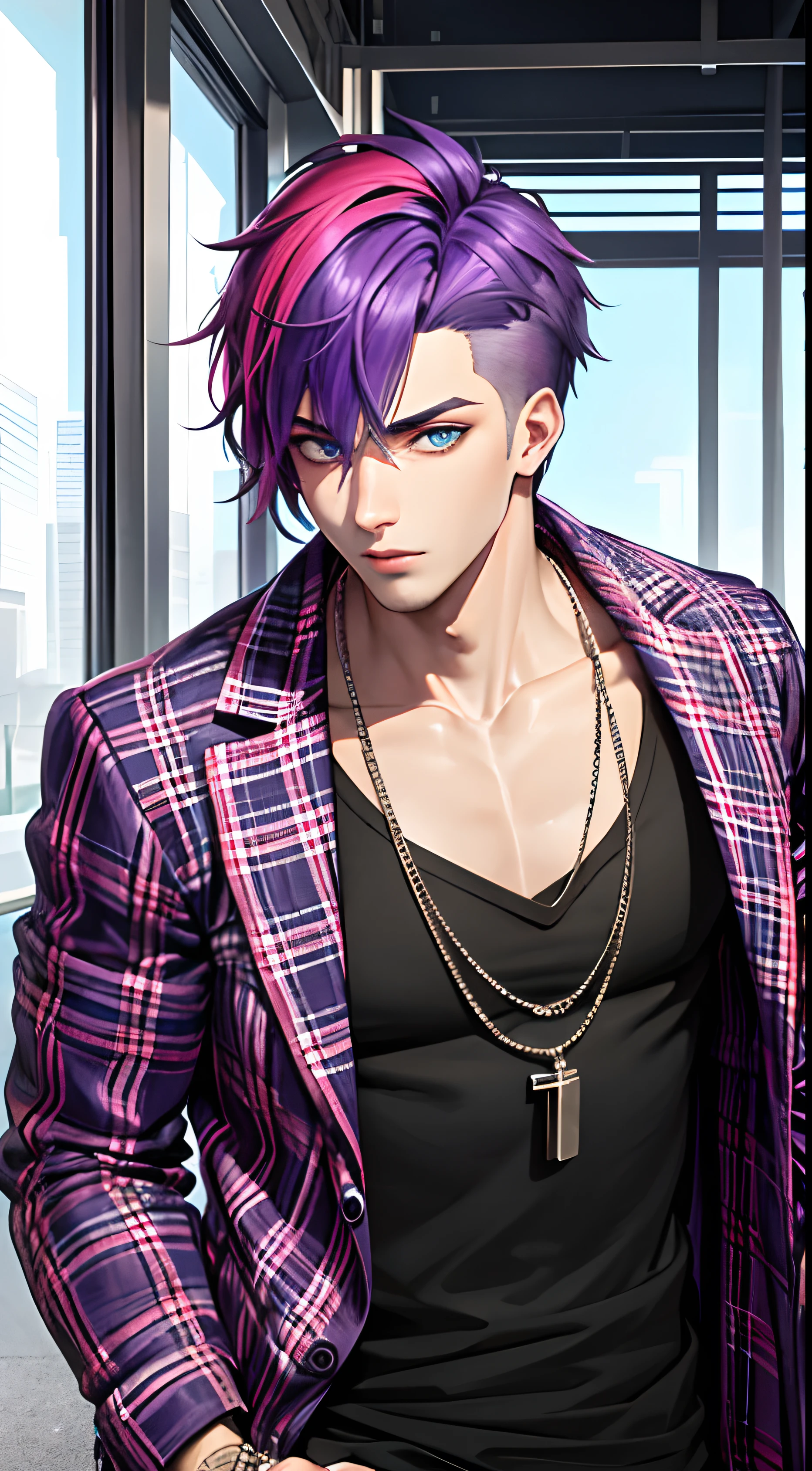 colorful,highest detailed, Young adult Male with purple ombre hair, Heterochromia colored eyes, handsome, casual clothes, beautiful serious eyes, gangster, punk hairstyle