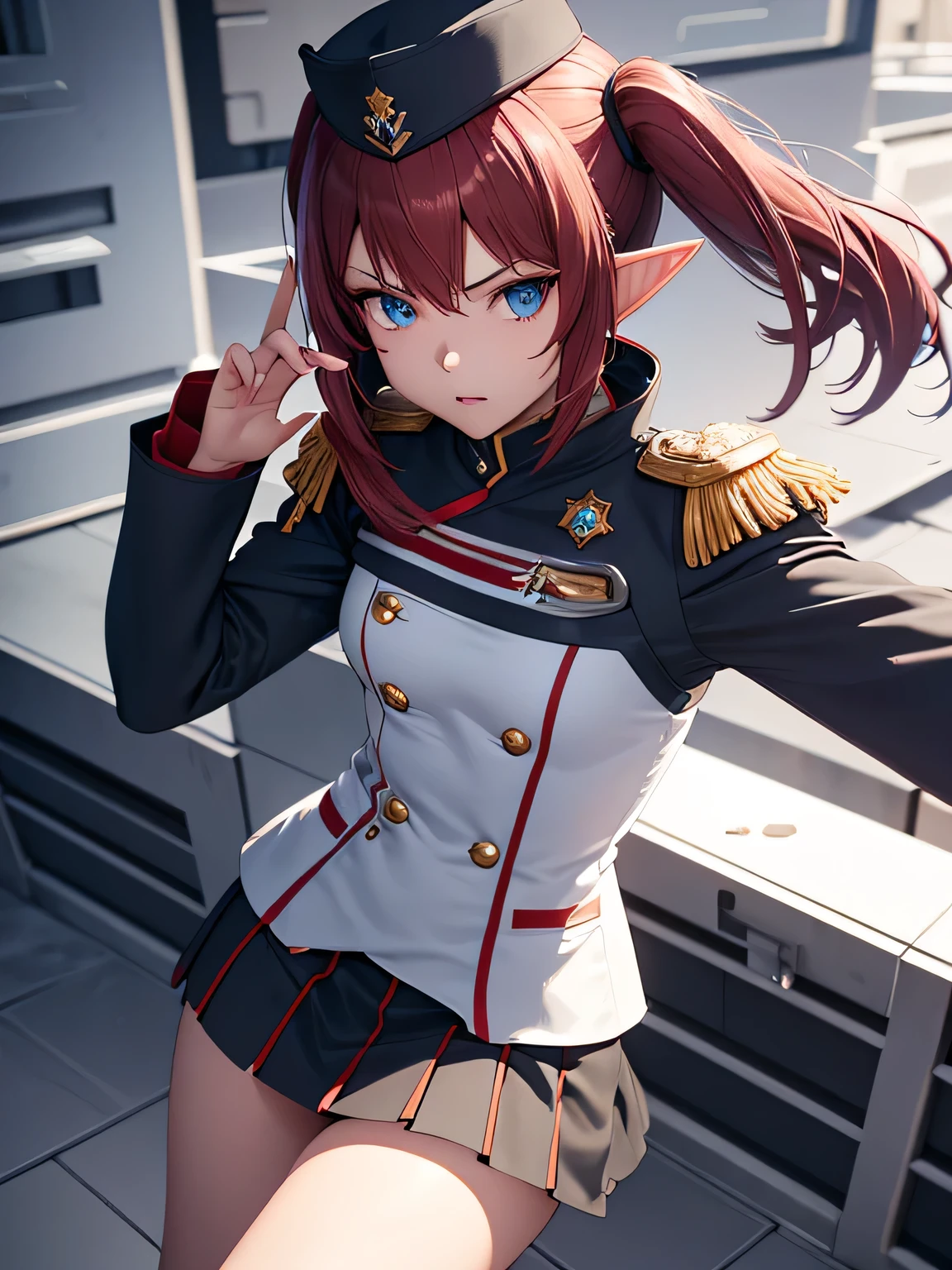 highly detailed 3D rendering of a character named Ulc from SEGA's PSO2. elf-like female with pointed ears, (gray Lady's small Garrison cap), (long straight dark red hair), (gray futuristic military-style uniform, including a fitted jacket with intricate white designs, shoulder epaulets, and a skirt), (annoyed, stupefied), (one hand near her ear as if she is communicating through a device)