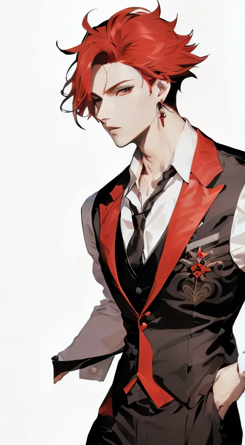 Anime style red hair man and vest image, Clear facial features, Big red eyes, The exquisite prince, Beautiful body prince, The handsome guy in Demon Slayer, Cool anime poses, Well-dressed Nightmare, black and red suit, Black and red tuxedo, Crimson clothing, Red and black suit