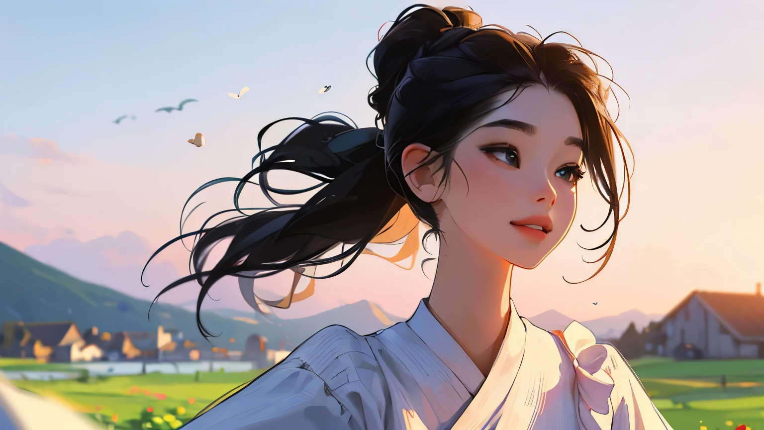 (masterpiece)),(((bestquality))),((ultra-detailed)) realisticlying, 1 girl, Beautiful, black hair, hair tied, happy, morning, outdoor, village, focus on the girl (Blur background 10%)