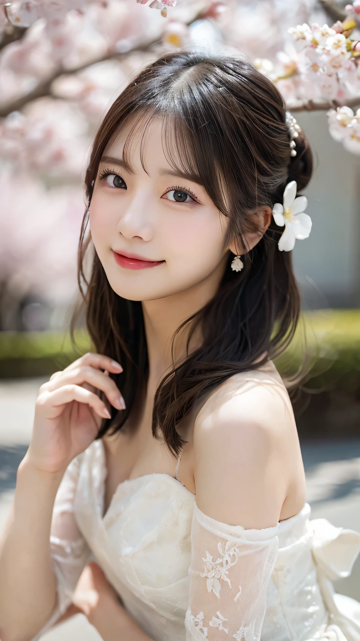 ((off the shoulder wedding dress))、((bride hair ornament))、Blurred cherry blossom branches in the foreground、randome pose、(top-quality,masterpiece:1.3,超A high resolution,),(ultra-detailliert,Caustics),(Photorealsitic:1.4,RAW shooting,)Ultra-realistic capture,A highly detailed,High resolution 16K human skin closeup、 Skin texture is natural、、The skin looks healthy with an even tone、 Use natural light and color,1 girl,japanes,23years old,kawaii,A dark-haired, short hair, (shy-smile),(depth of fields、chromatic abberation、、Wide range of lighting、Natural Shading、)、
Asakusa, Japan background、SLR、50mm,f1.8, ((bun hair))、((close_up))、((Sunlight))、(((Hands are not shown)))、(Cherry blossom trees in full bloom and petals dancing in the wind)