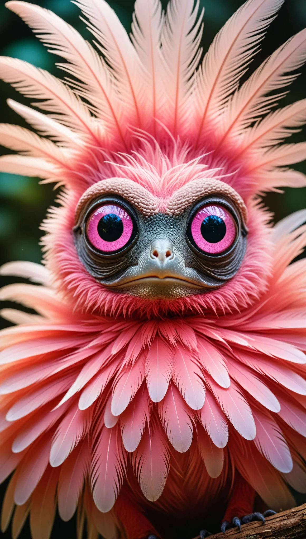 Majestic wildlife photography, astrobiology, a cute alien creature, feathers, glowing-pink, giant eyes, unusual anatomy, kodachrome, retro scifi, ethereal, masterpiece, UHD, HDR10, Canon EOS R5, high saturation, detailed high quality highres