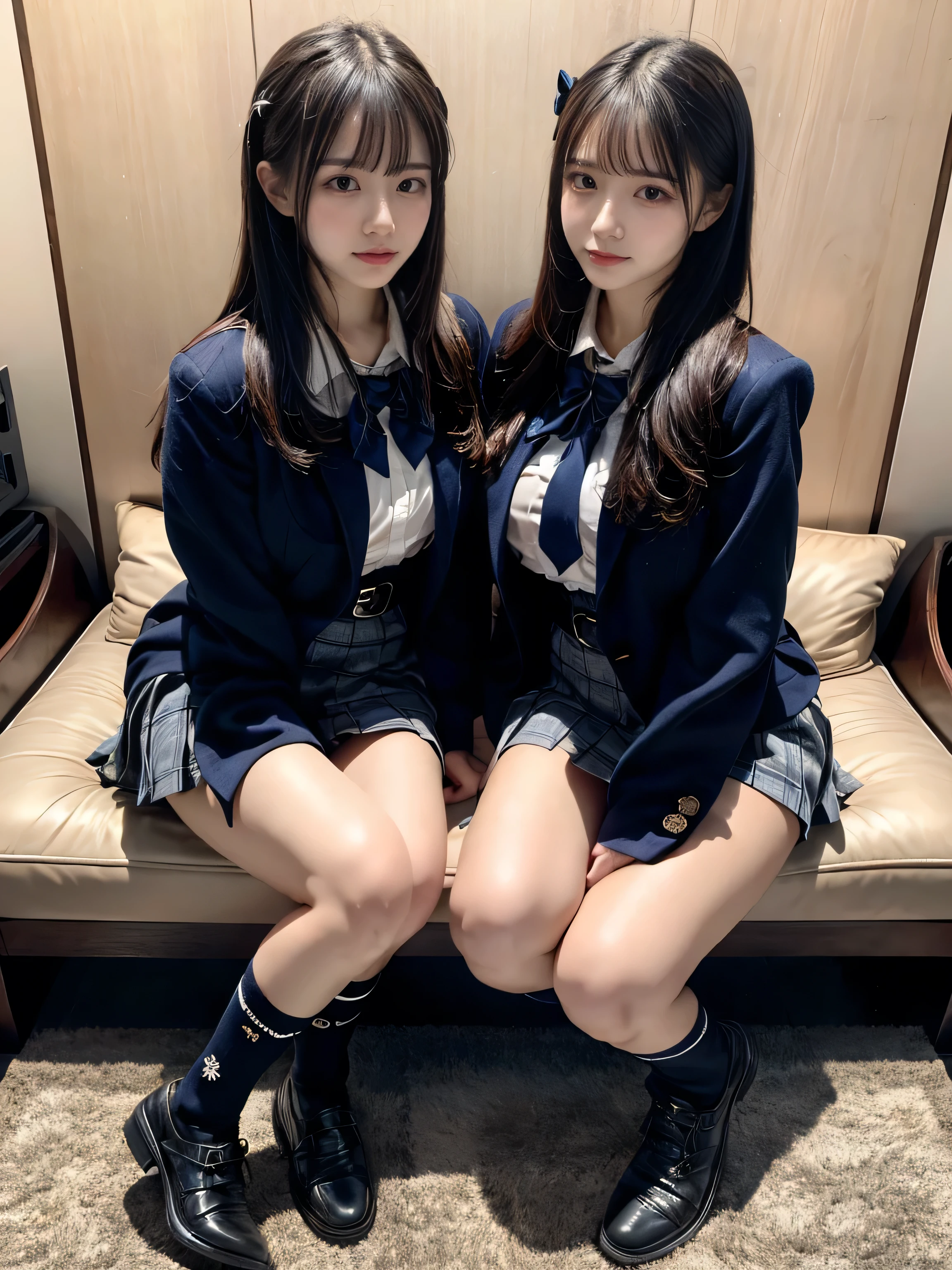 (8K, Raw photography, top-quality, masterpiece:1.2), muster piece, best quality, illustration, Super detailed, fine details, High resolution, 8K,wall paper, perfect dynamic composition,(Details High quality, realistic depiction of eyes:1.3), ((2 girls, 2 girls)), The background is a luxury hotel room、High school girl uniform、blazer 、Super Short Check Uniform Skirt、Navy blue high socks、garterbelts、Colossal tits、Disturbed uniform, Play with each other,Touching each other's bodies,Touching the body of the girl next door, short bob hair, black hair color, huge breasts, Big Natural Color Lip, bold sexy pose, (perfect body shape), crying a little、cold gaze, Beautiful makeup,glitter makeup,Cutest 18 years old、 beautiful legs, hposing Gravure Idol, Voluptuous thighs