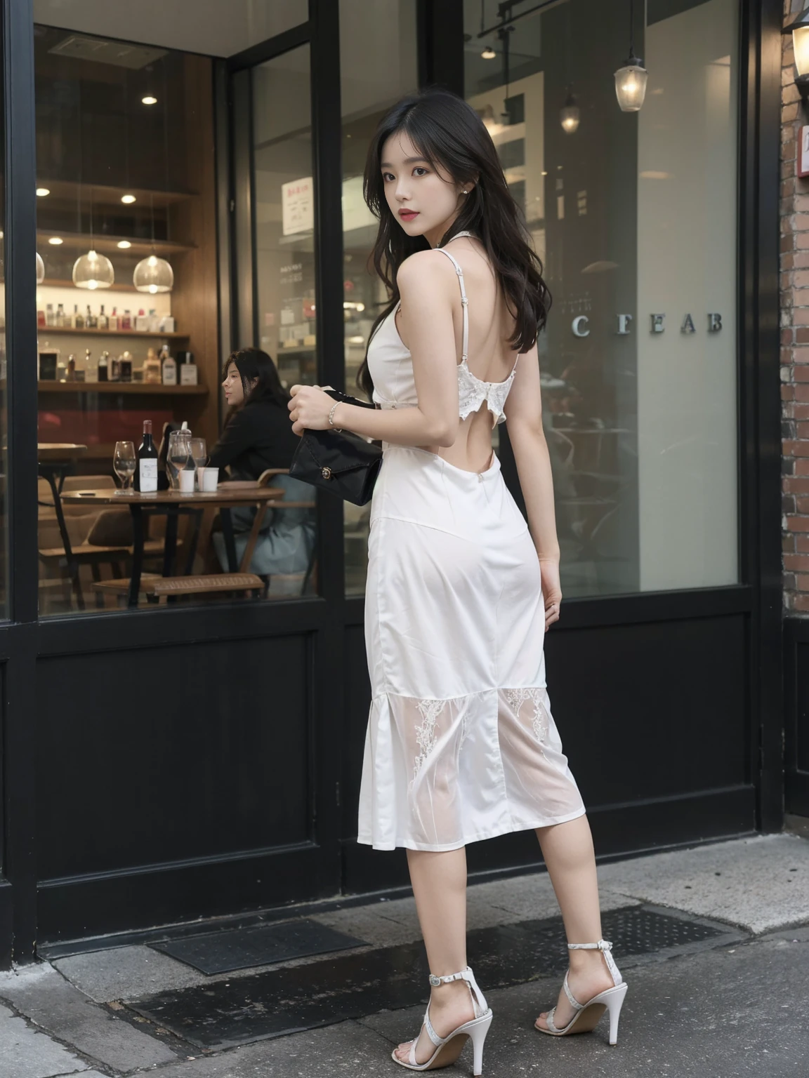 Burgundy backless fitted dress,With black thin sandals,Carrying a small black evening bag,Wear a sparkling diamond necklace。
White lace top with black fishtail skirt,Wear red high heels on your feet,Accessorize with a stylish clutch and wavy hair。