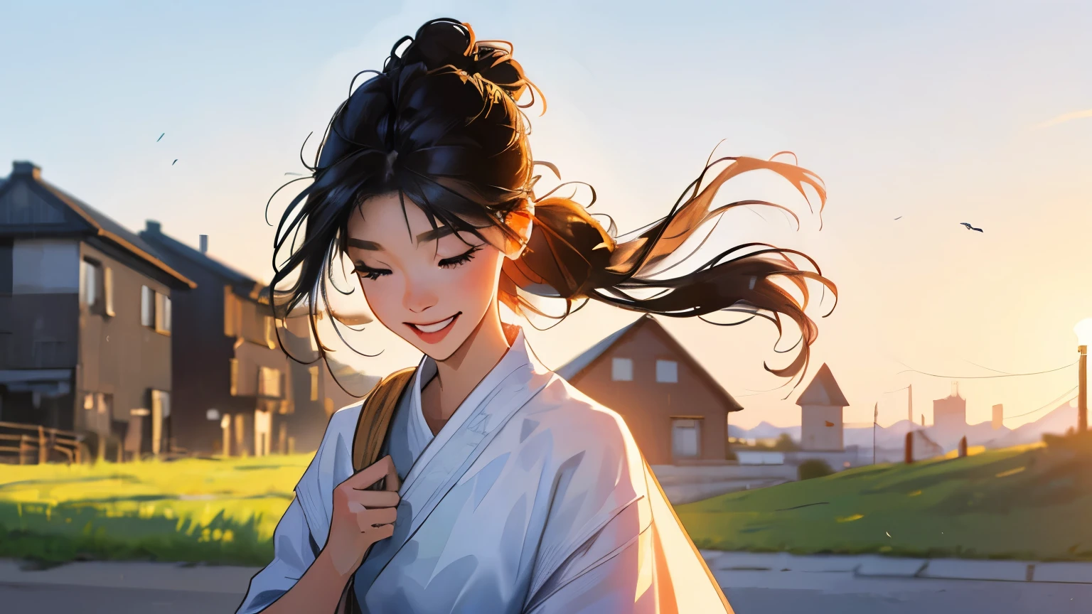 (masterpiece)),(((bestquality))),((ultra-detailed)) realisticlying, 1 girl, Beautiful, black hair, hair tied, happy, morning, outdoor, village (Blur background 10%), not windy