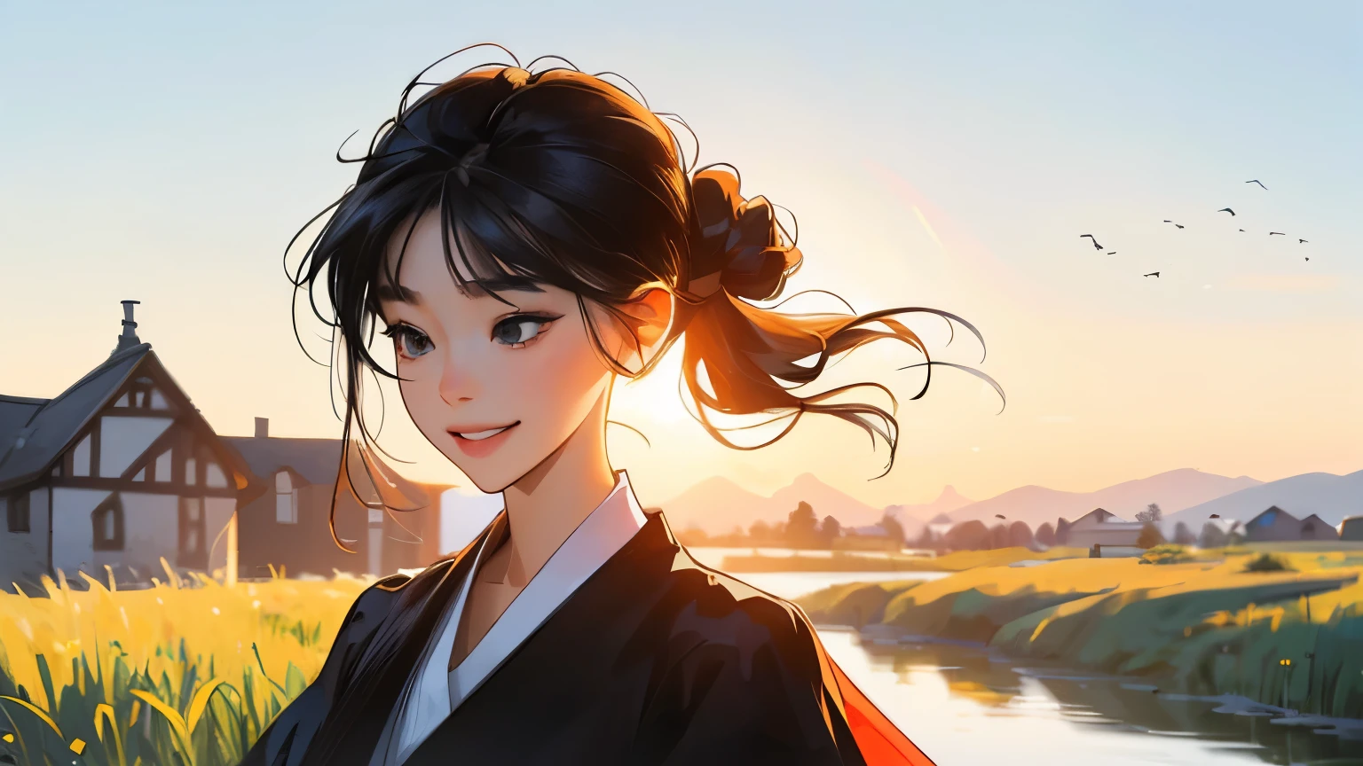 (masterpiece)),(((bestquality))),((ultra-detailed)) realisticlying, 1 girl, Beautiful, black hair, hair tied, happy, morning, outdoor, village (Blur background 10%)