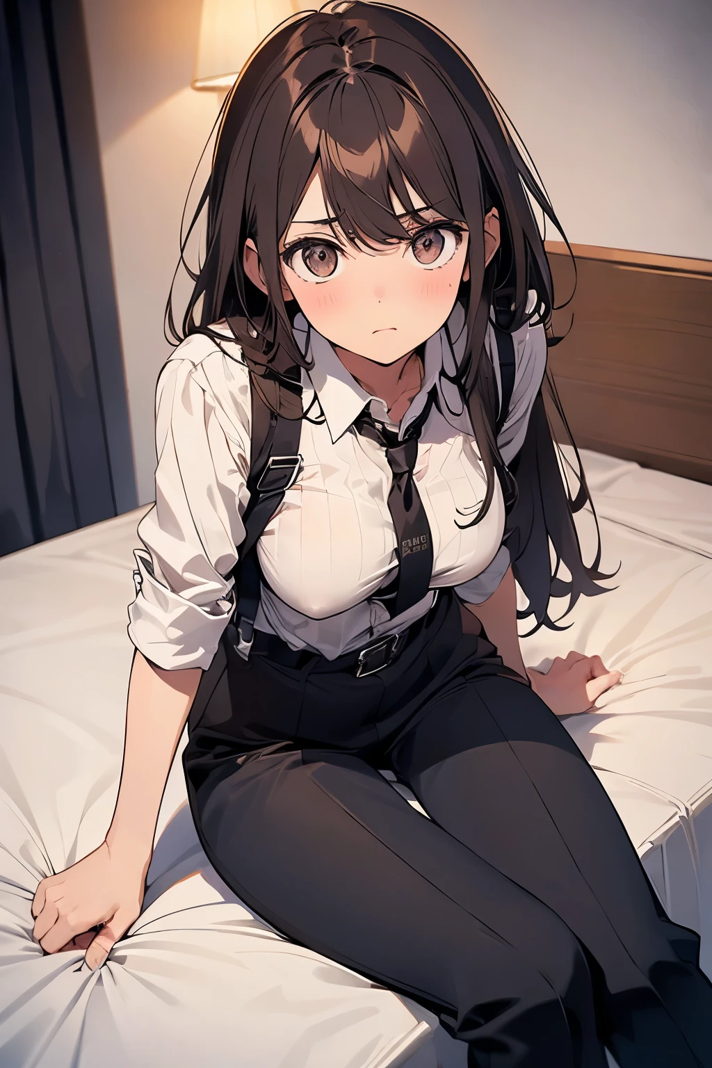Brown Hair、Staring at the audience Black suspenders bulging big breasts wall: Black trousers sight Small face holster Beautiful woman Show your hand Lying in bed sight Taunt side side汗 arm Dress shirt Black Suit suit belt